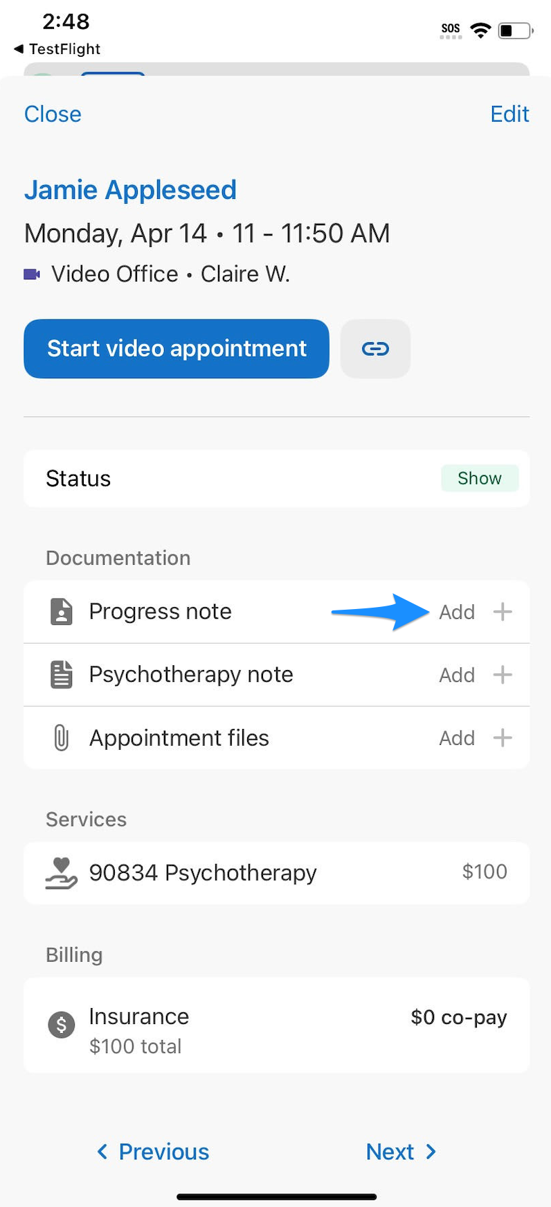 Appointment details screen showing Add + next to Progress note and Psychotherapy note