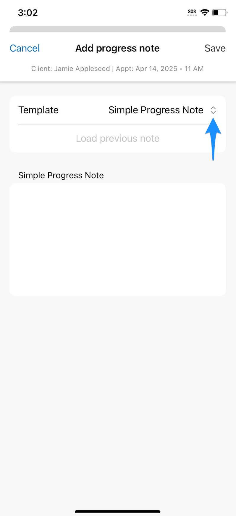 Progress note screen showing the Template dropdown for selecting a template
