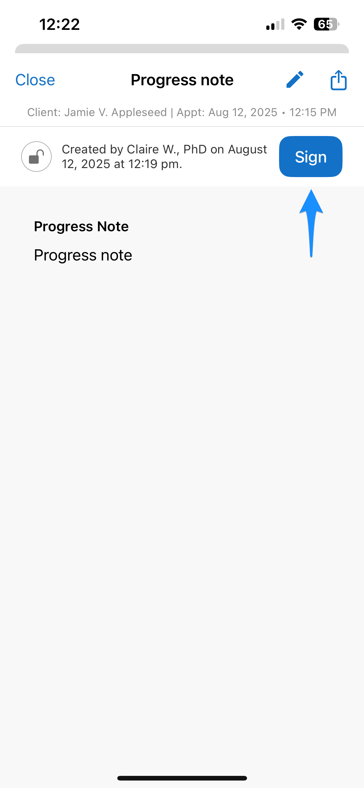 Progress note screen showing the Sign option to sign and lock the note