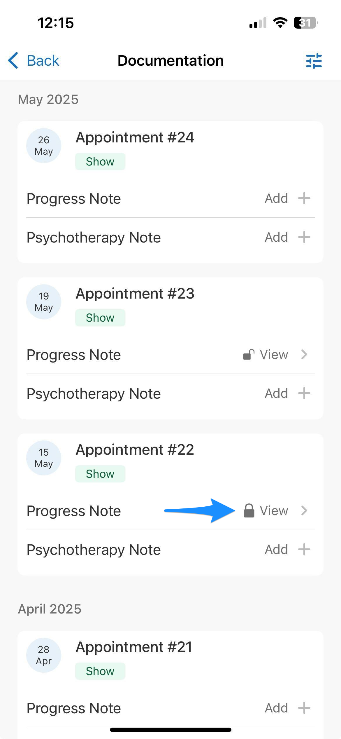 Documentation screen showing appointments with notes. Arrow points to a locked progress note.