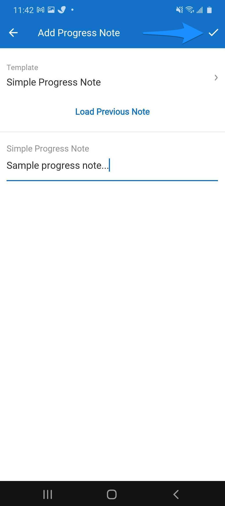 Add Progress Note screen showing the checkmark button used to save the note