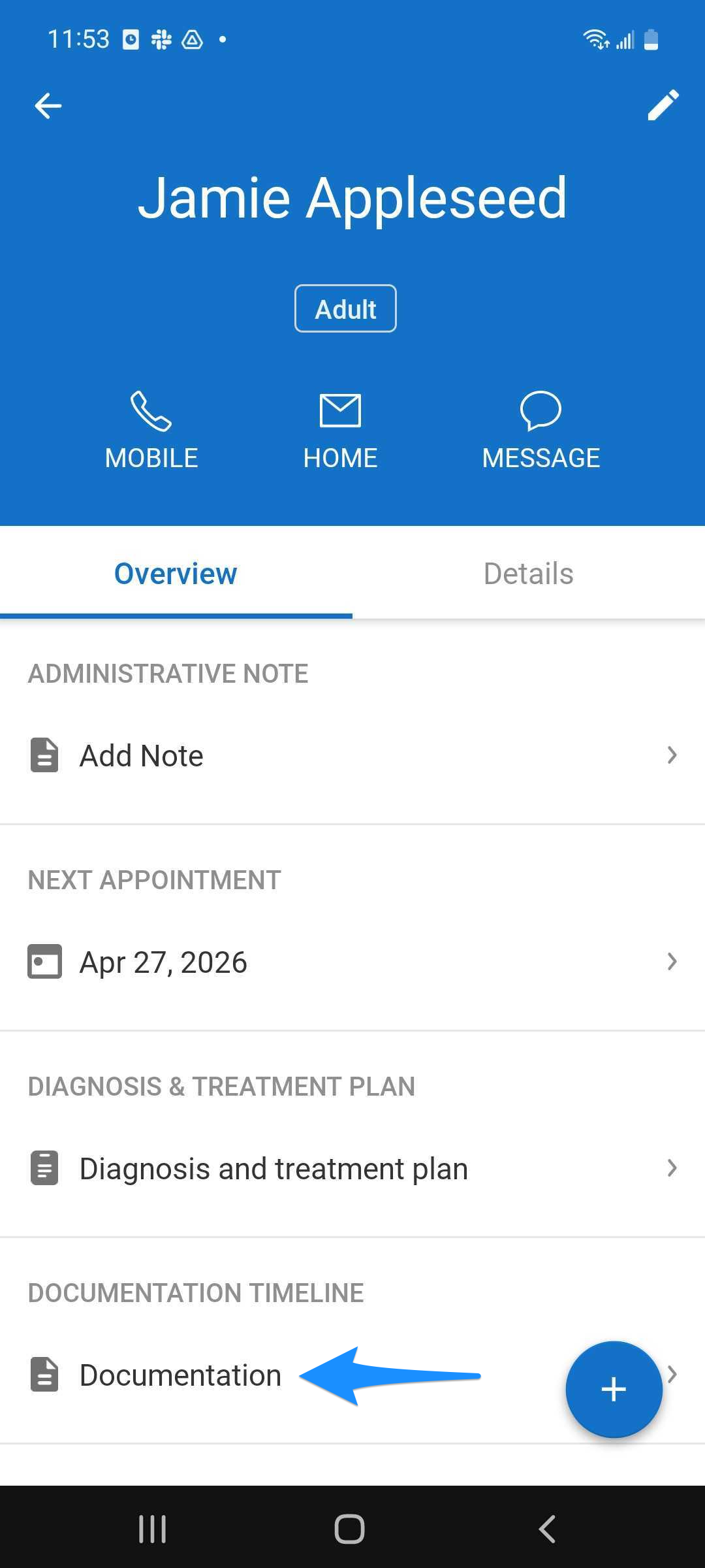 Overview screen on mobile with blue arrow pointing to Documentation option