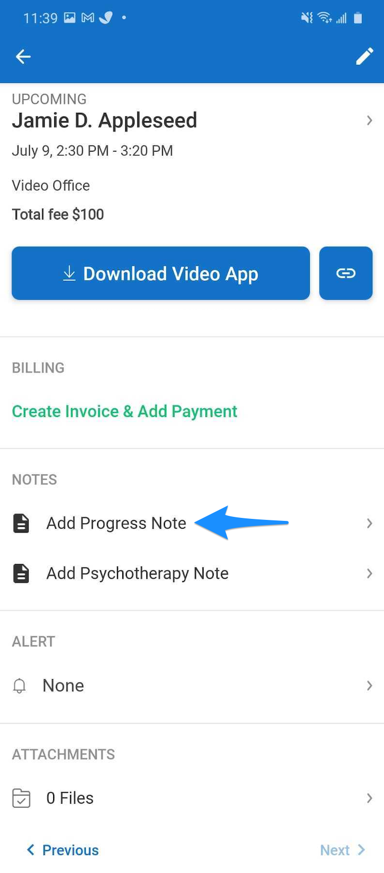 Appointment details screen showing Notes with Add Progress Note and Add Psychotherapy Note options
