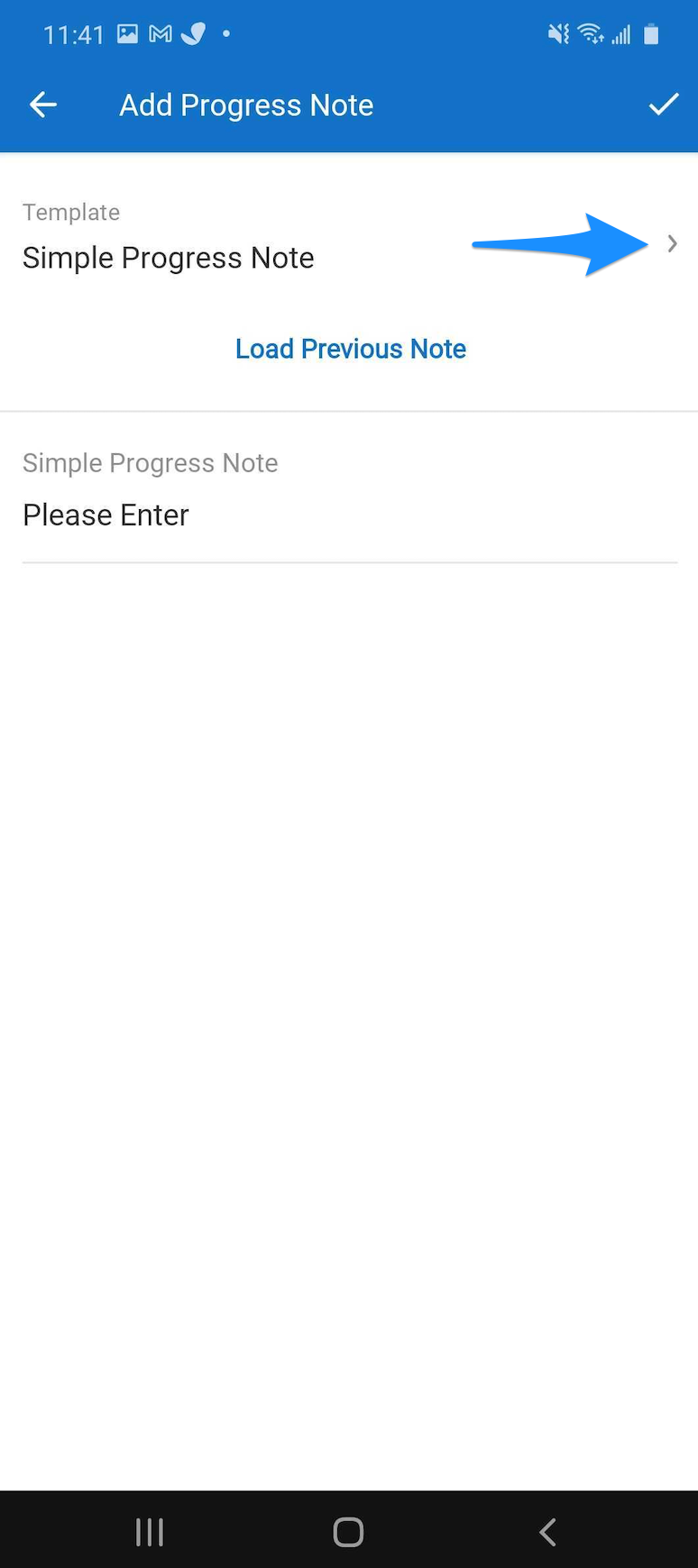 Add Progress Note screen showing the Template dropdown and template options