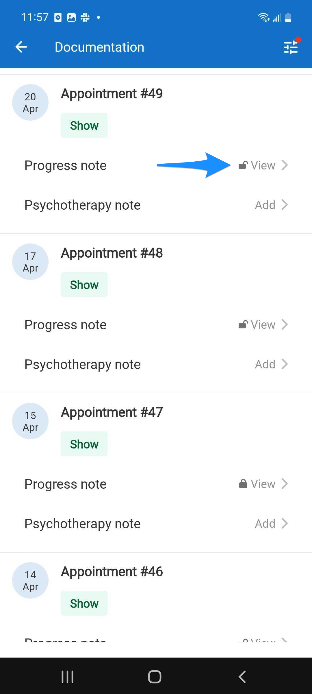 Documentation screen showing appointments with notes. Arrow points to a unlocked progress note.