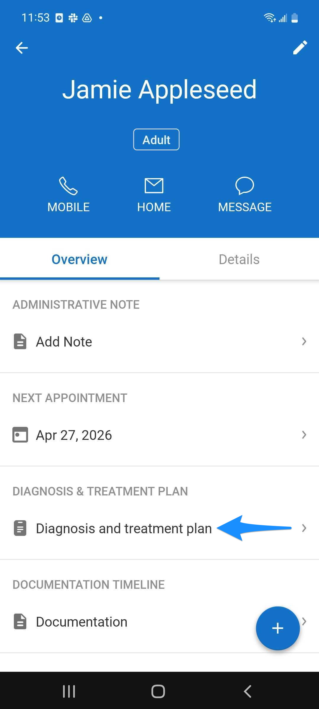 Overview screen on mobile with blue arrow pointing to Diagnosis and treatment plan option
