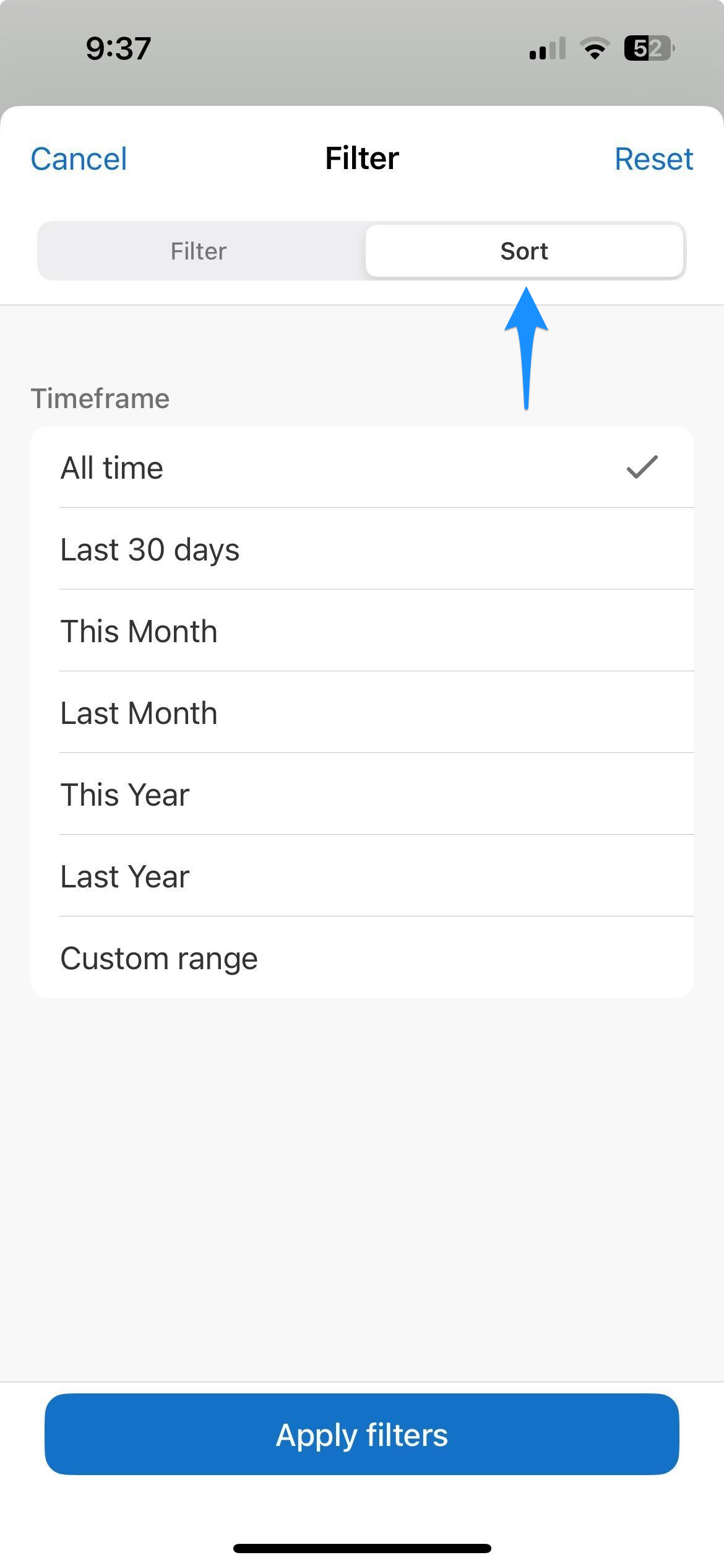 Filter screen with a blue arrow pointing to the Sort tab.