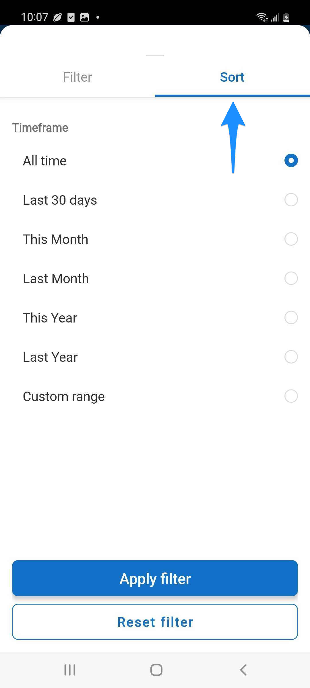 Filter screen with a blue arrow pointing to the Sort tab.