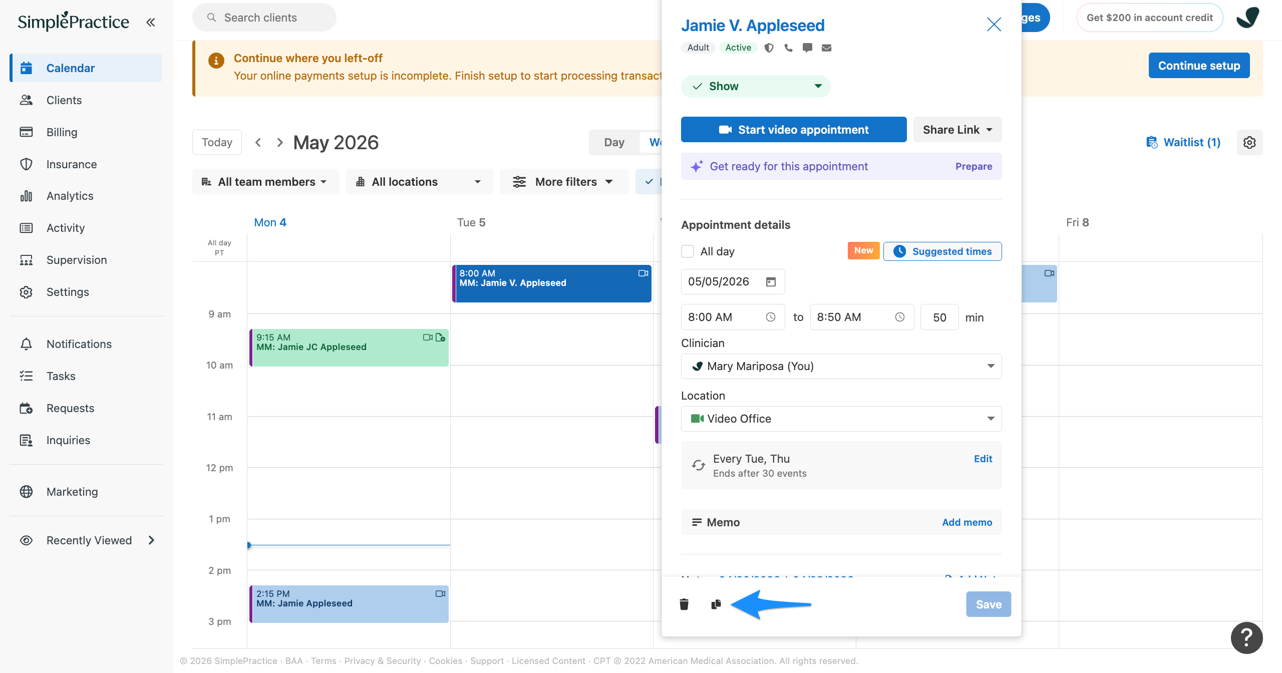 Calendar appointment details panel with a blue arrow pointing to the duplicate (copy) appointment icon near the bottom.