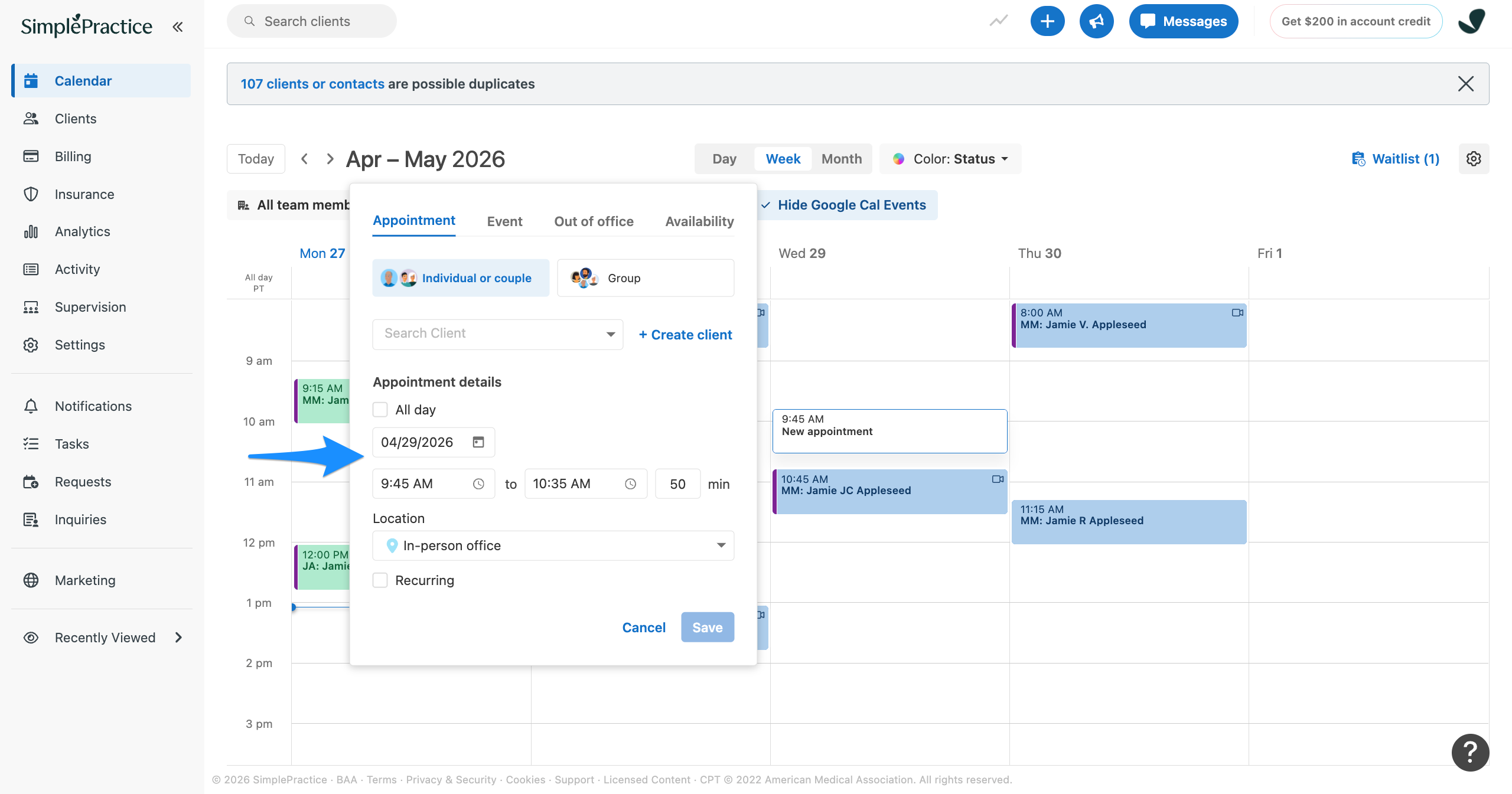 Calendar scheduling modal with a blue arrow pointing to the appointment date field under Appointment details.