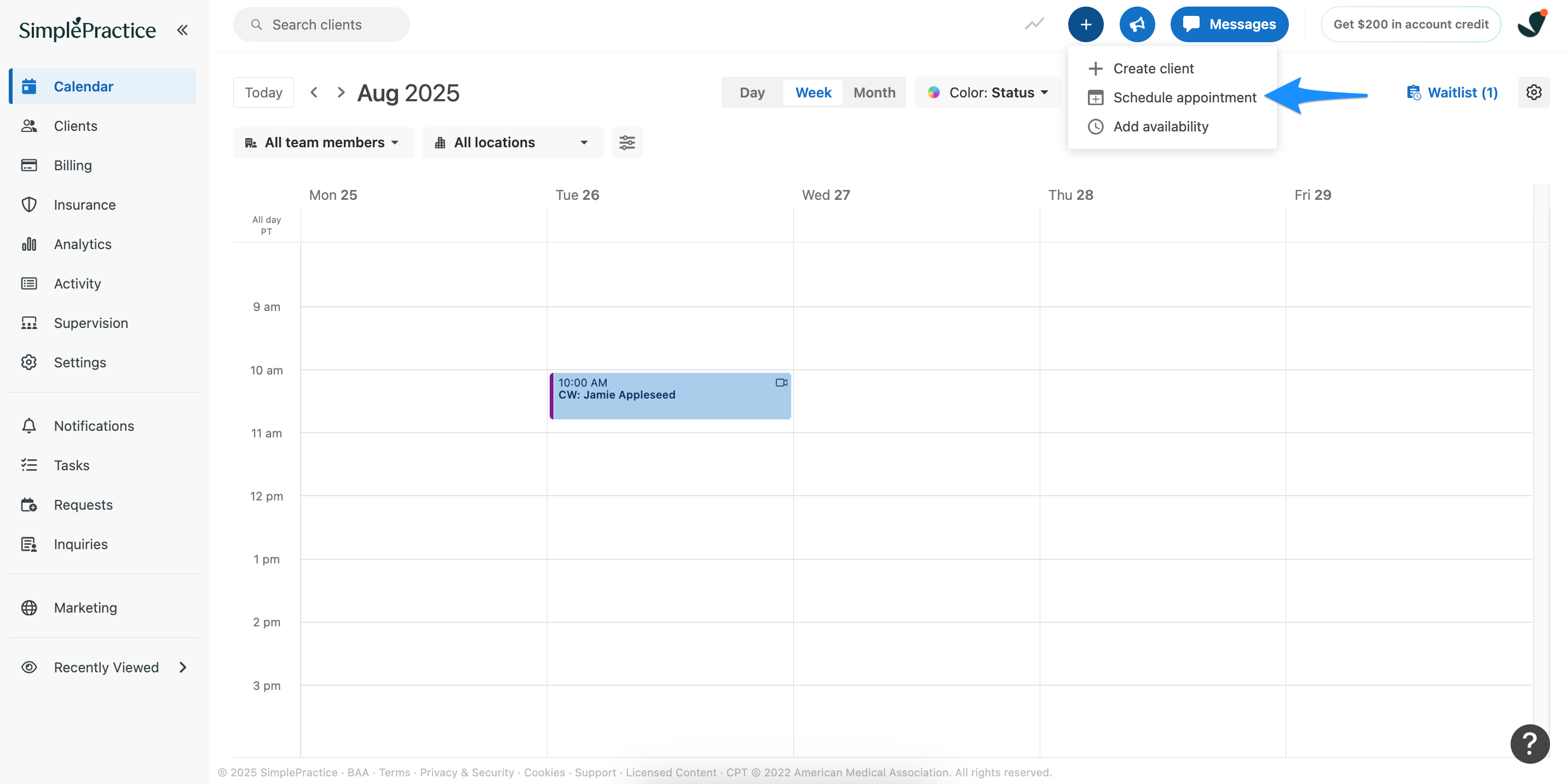 Calendar page with a blue arrow pointing to the Schedule appointment button.