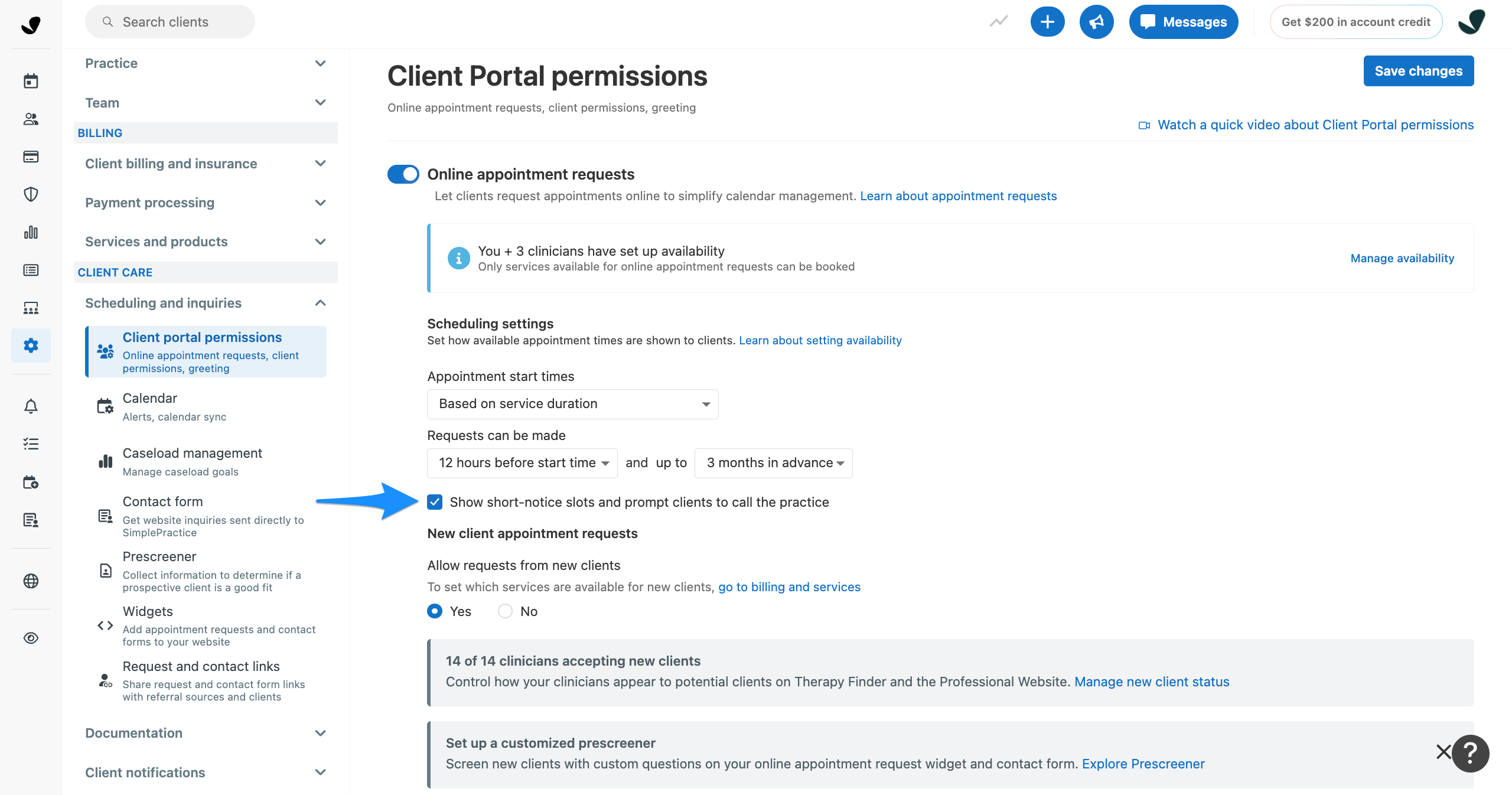 Client portal permissions settings page with a blue arrow pointing to the “Show short-notice slots and prompt clients to call the practice” checkbox.