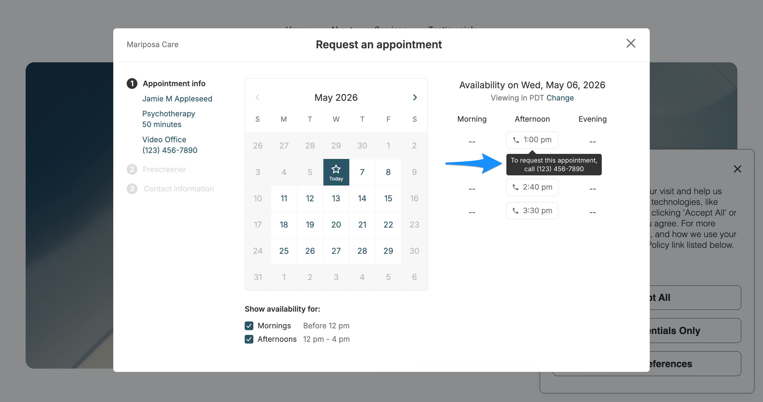 Client portal appointment request screen with a blue arrow pointing to a time slot showing a tooltip instructing clients to call the practice to request the appointment.