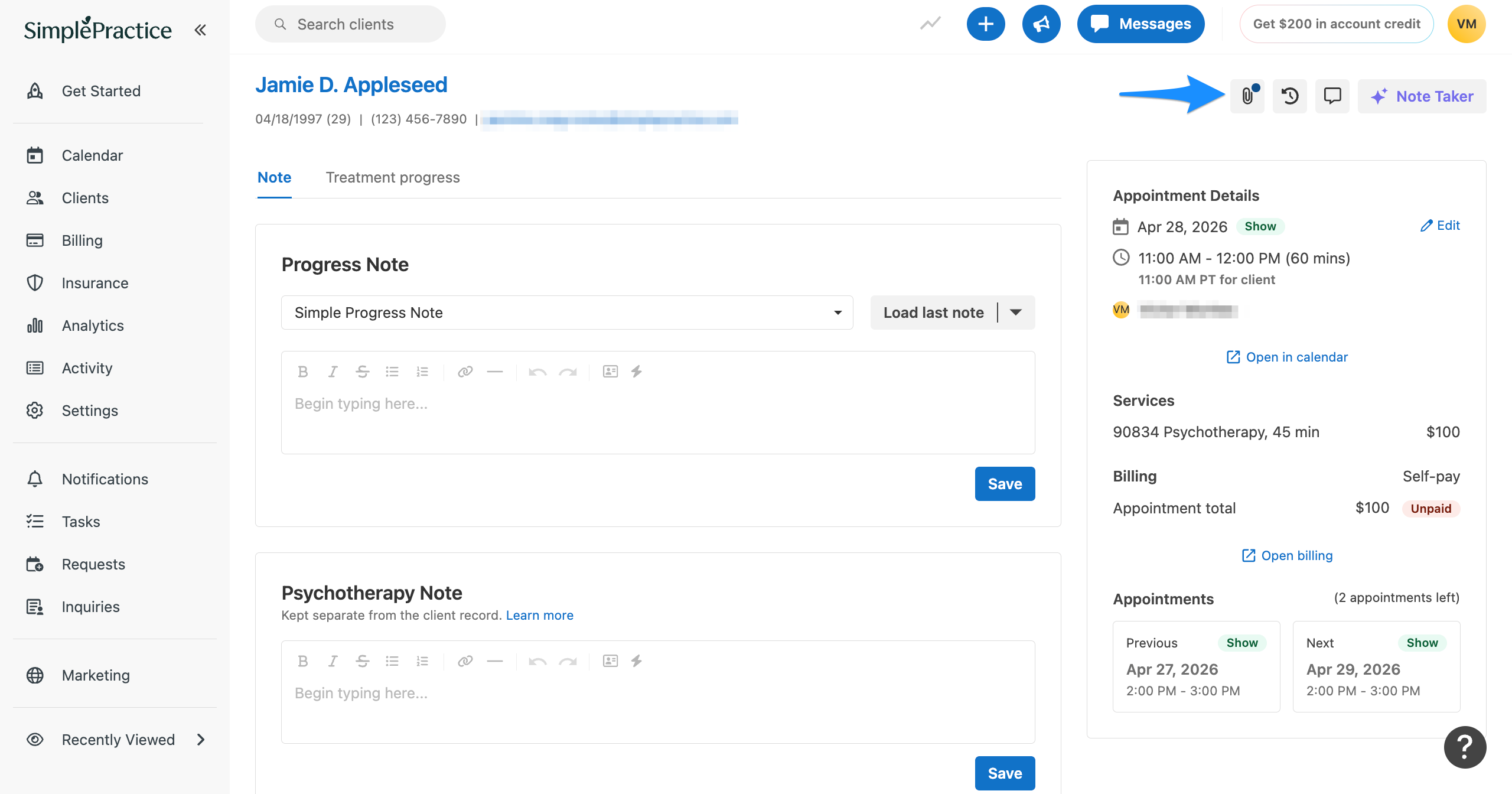 Client profile note page with a blue arrow pointing to the attachments (paperclip) icon in the top right.