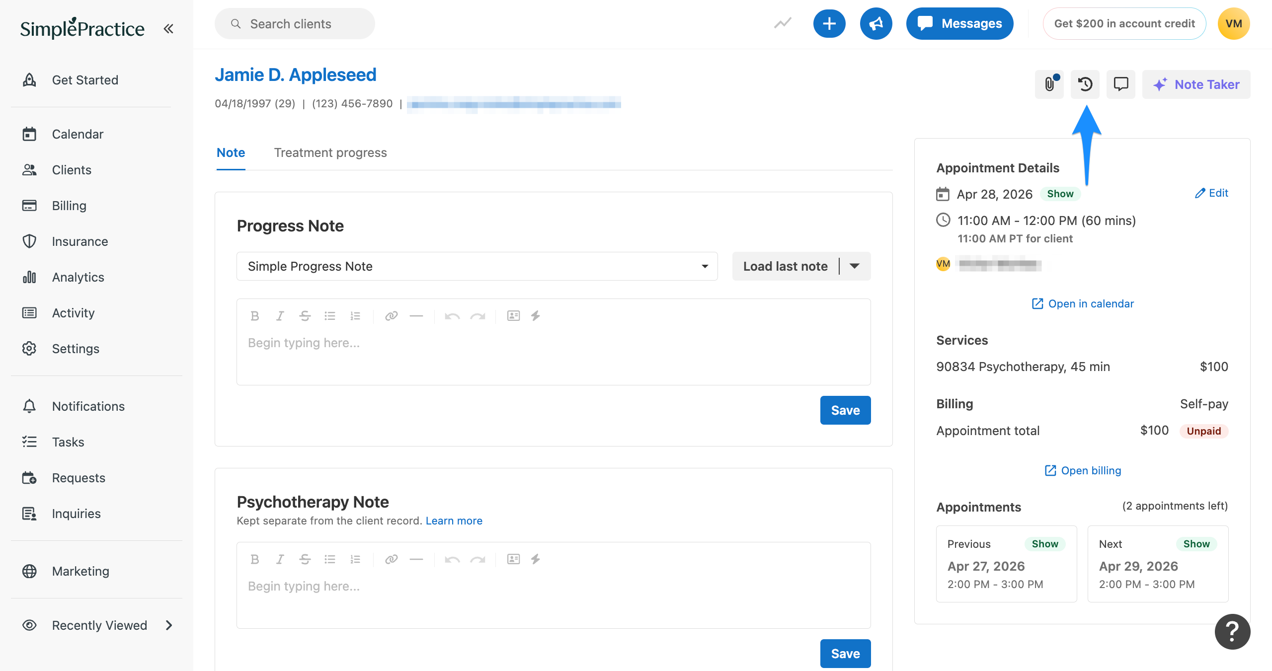 Client profile note page with a blue arrow pointing to the history (clock) icon in the top right.