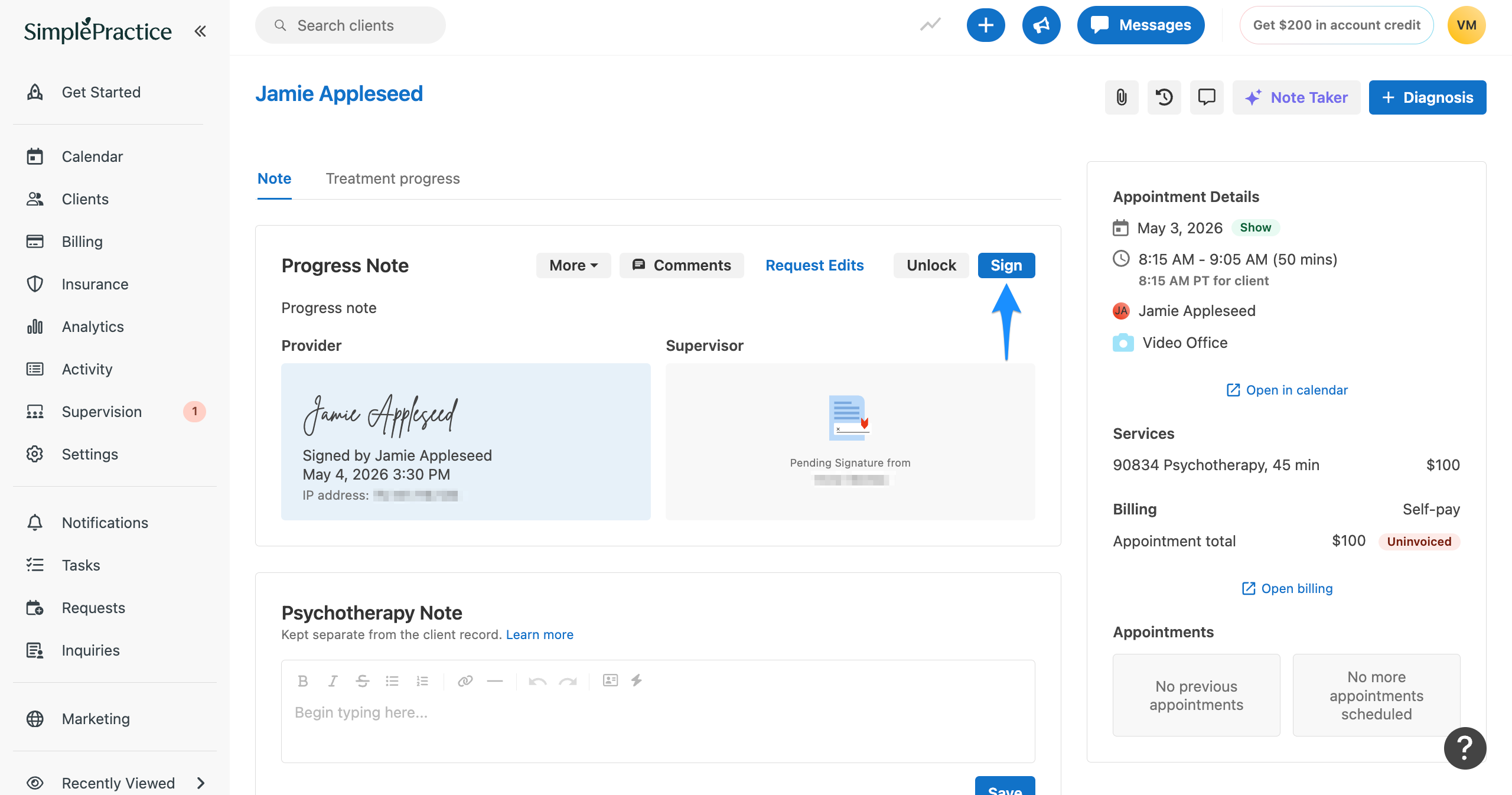 Client profile note page with a blue arrow pointing to the Sign button for the progress note.