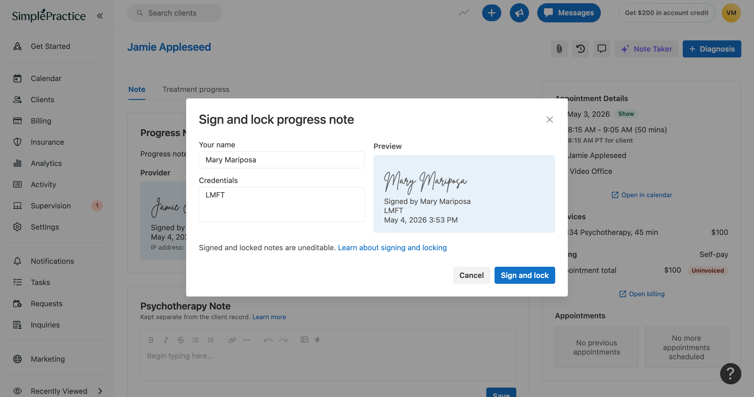 Sign and lock progress note modal with fields for name and credentials, showing a signature preview and a Sign and lock button to finalize the note.