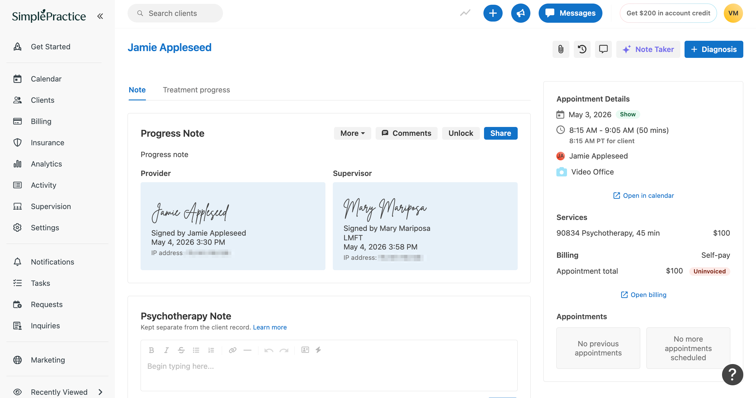 Client profile note page showing a progress note with both provider and supervisor signatures completed and the note locked.