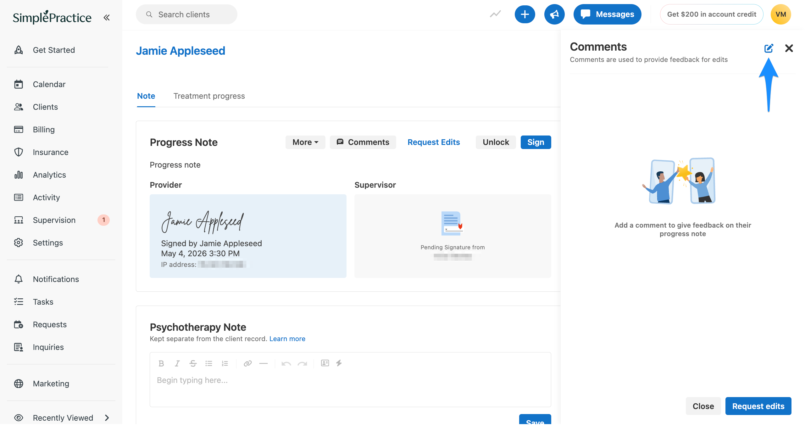 Client profile note page with the Comments panel open and a blue arrow pointing to the pencil icon in the top right.