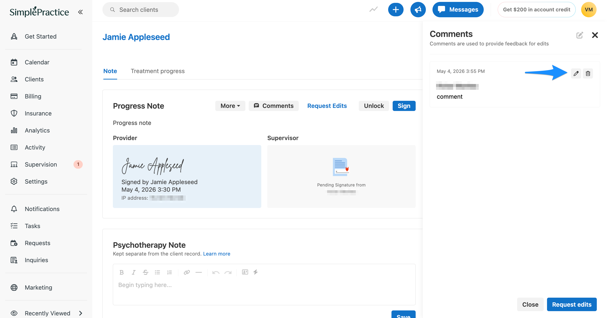 Client profile note page with the Comments panel open and a blue arrow pointing to the edit comment (pencil) icon next to an existing comment.