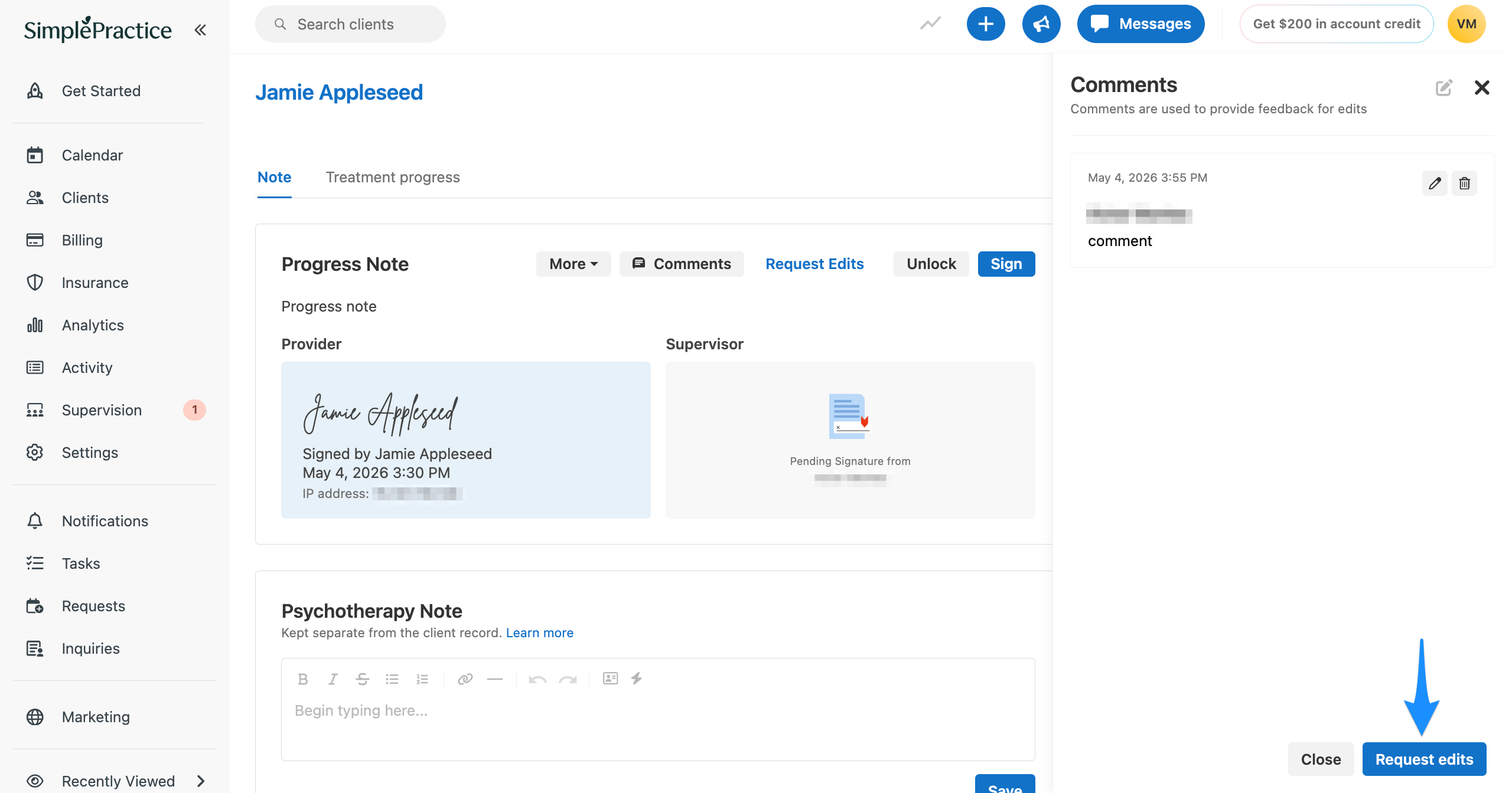 Client profile note page with the Comments panel open and a blue arrow pointing to the Request edits button at the bottom.