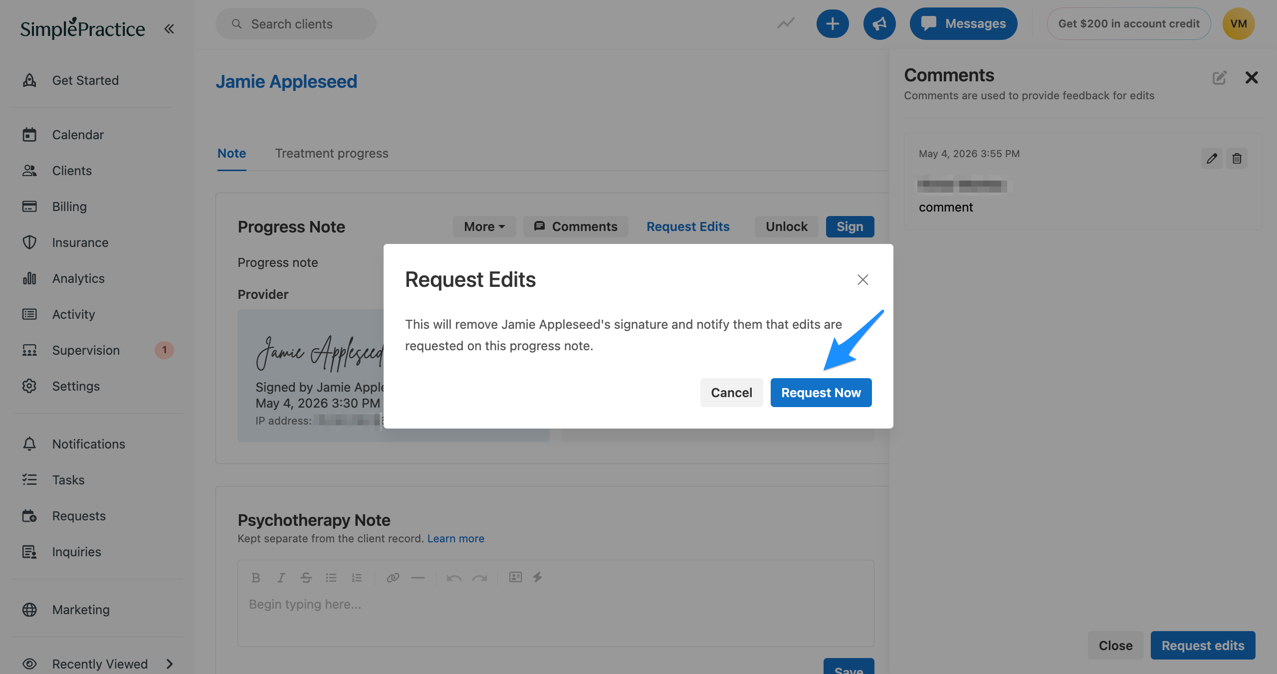 Request Edits confirmation modal with a blue arrow pointing to the Request Now button.