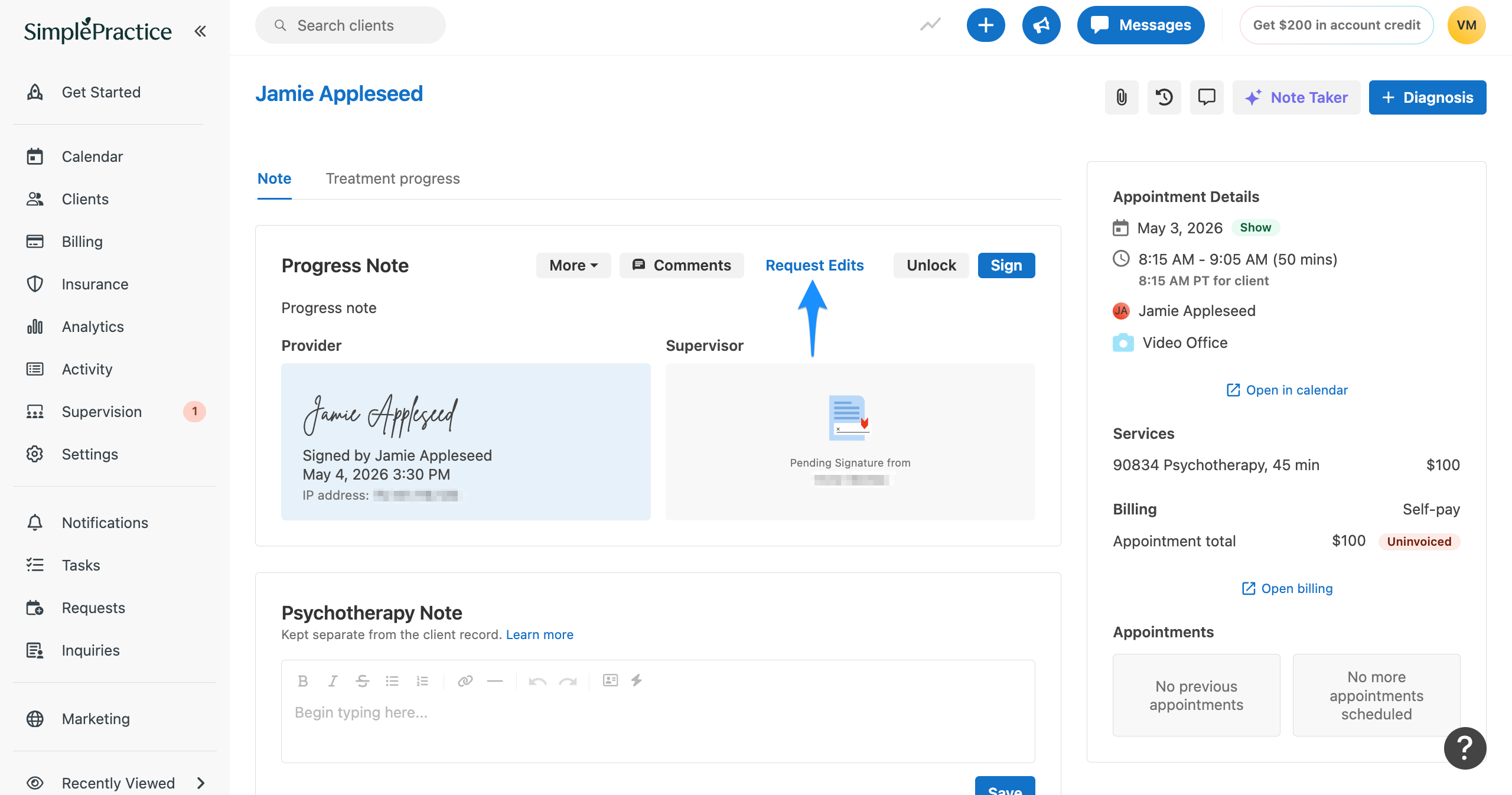 Client profile note page with a blue arrow pointing to the Request Edits button above the progress note.
