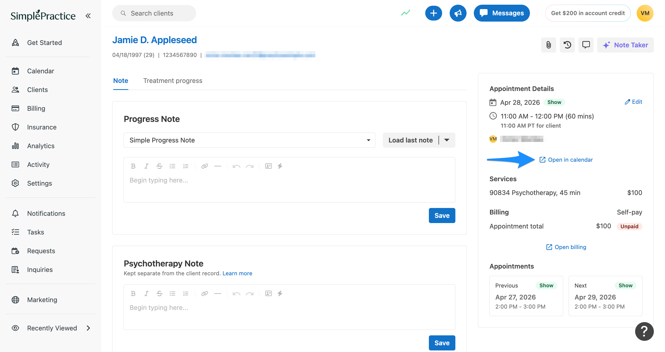 Client profile note page with a blue arrow pointing to the Open in calendar link in the Appointment Details panel.