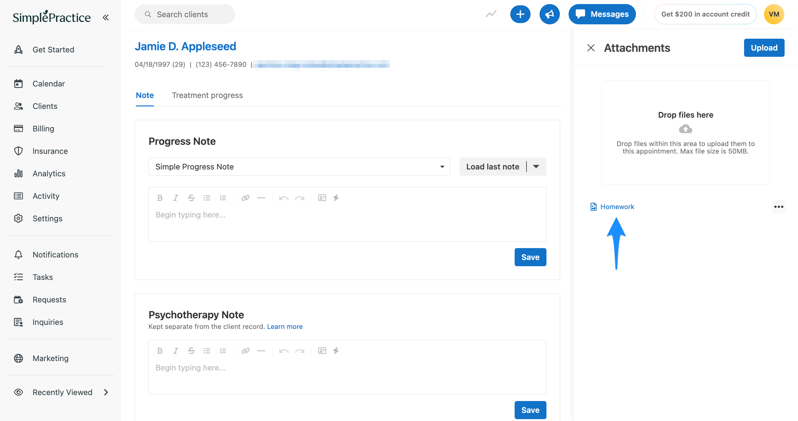 Client profile note page with the Attachments panel open and a blue arrow pointing to an uploaded file link in the attachments list.