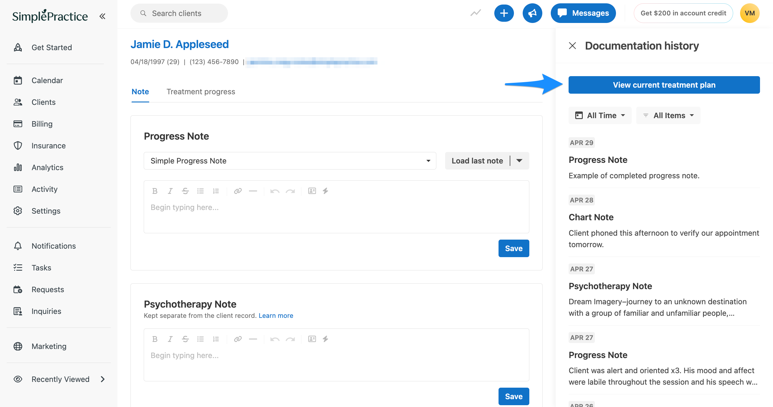 Client profile note page with the Documentation history panel open and a blue arrow pointing to the View current treatment plan button.