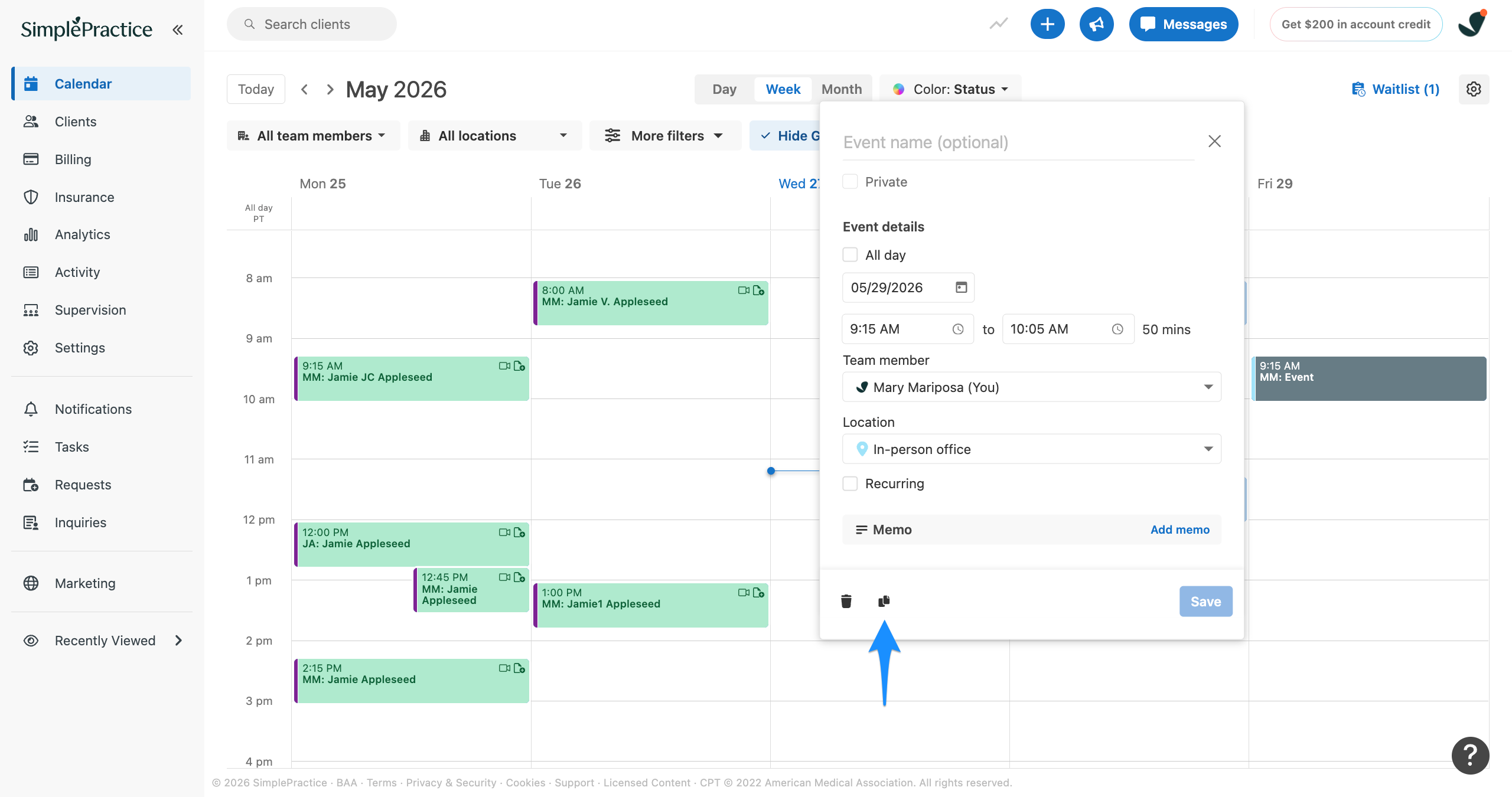 Calendar Event flyout with a blue arrow pointing to the duplicate event icon at the bottom of the flyout.