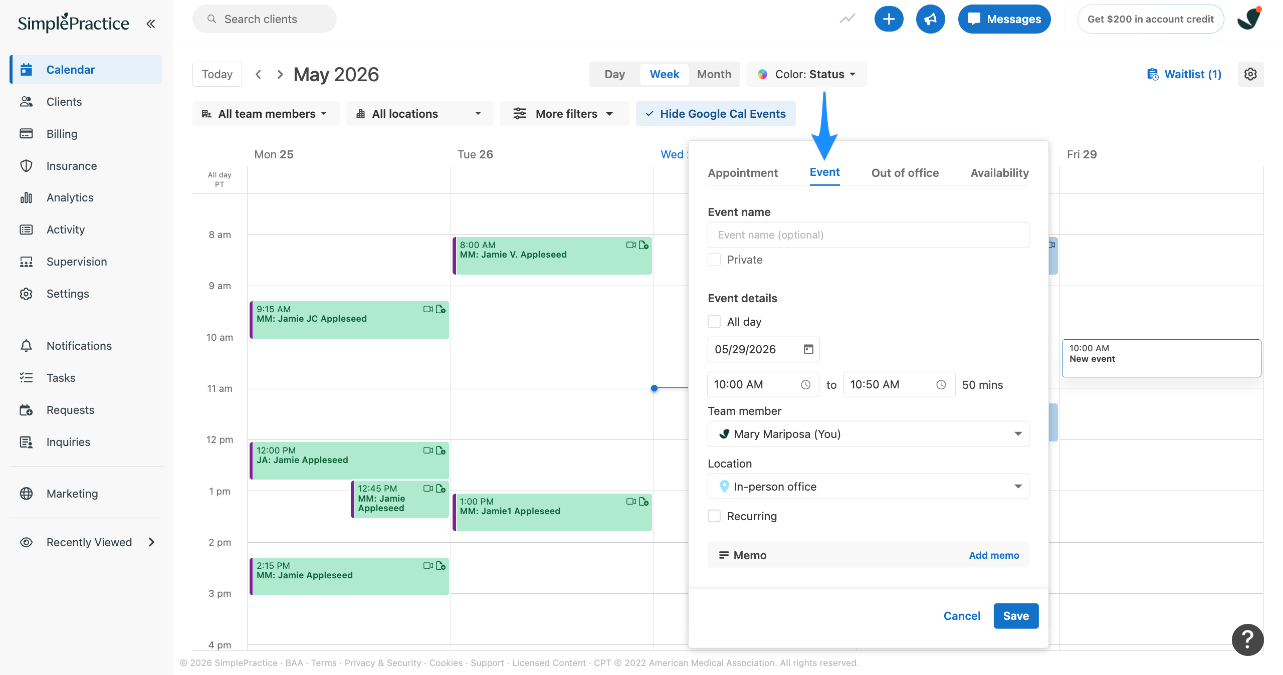 Calendar scheduling flyout with a blue arrow pointing to the Event tab for creating a calendar event.