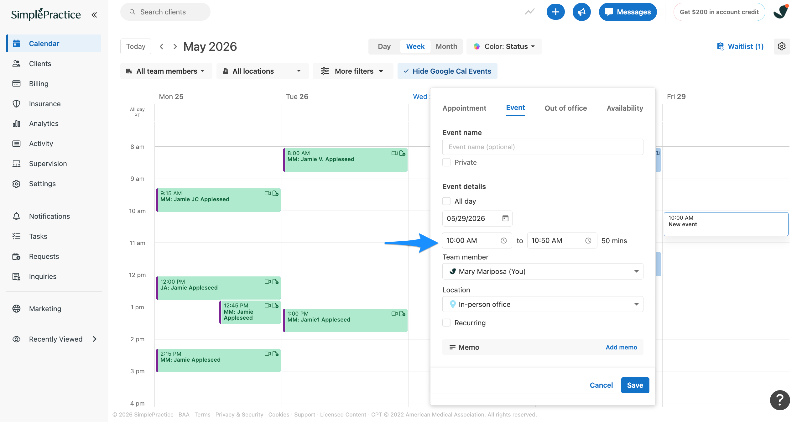 Calendar Event flyout with a blue arrow pointing to the event date and time fields under Event details.
