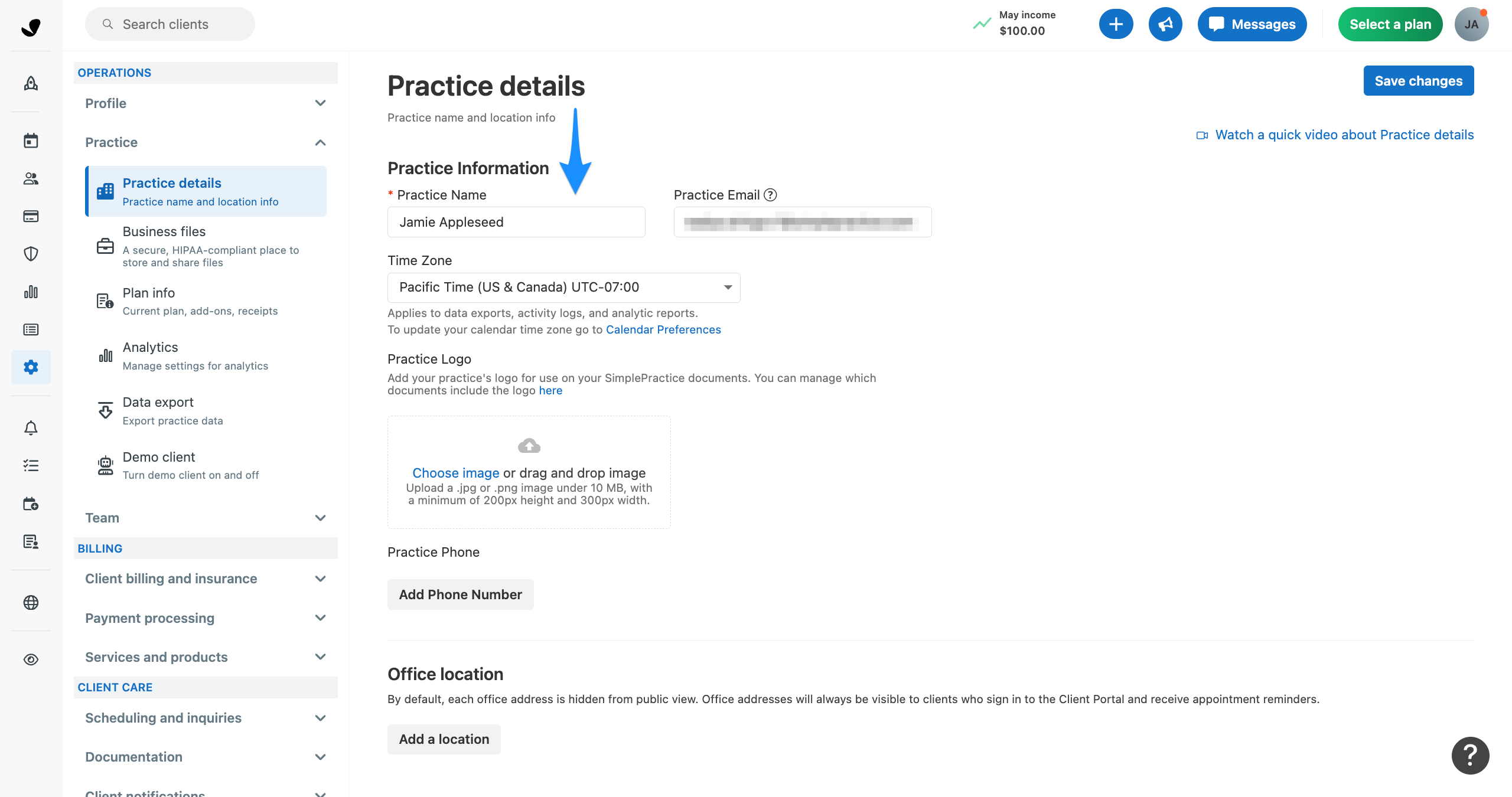 Practice details settings page with a blue arrow pointing to the Practice Information section.