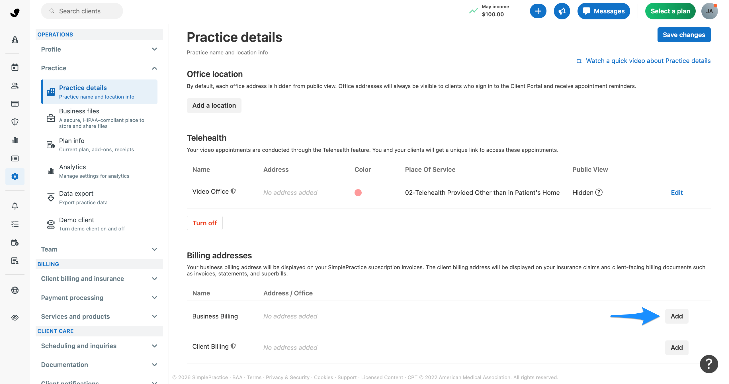 Practice details settings page with a blue arrow pointing to the Add button in the Billing addresses section.