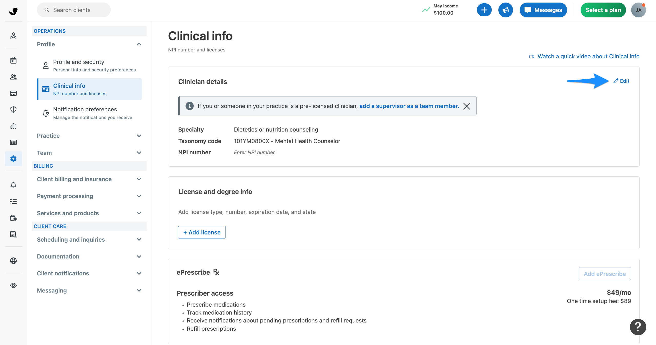 Clinical info settings page with a blue arrow pointing to the Edit link in the Clinician details section.