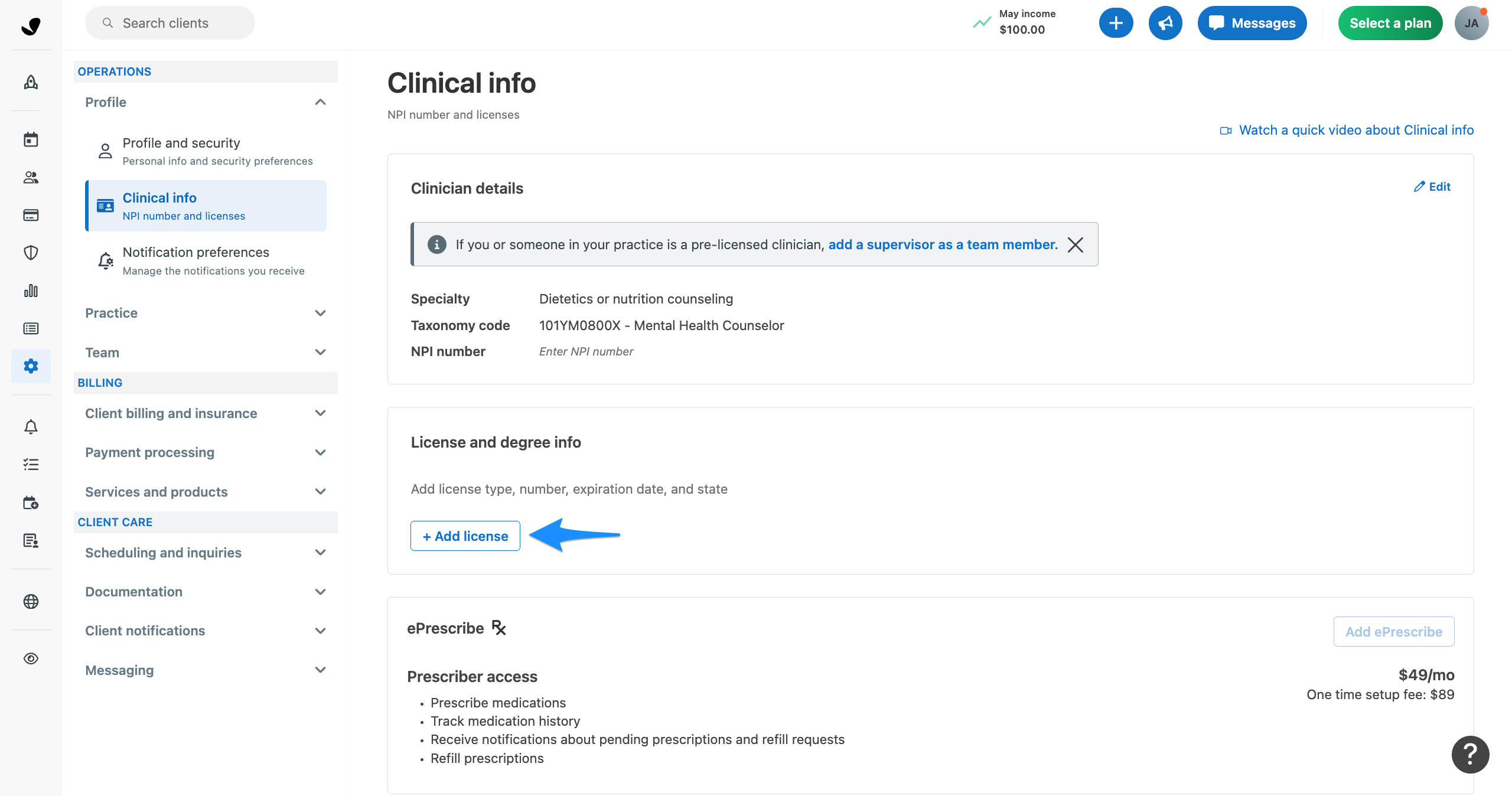 Clinical info settings page with a blue arrow pointing to the Add license button in the License and degree info section.