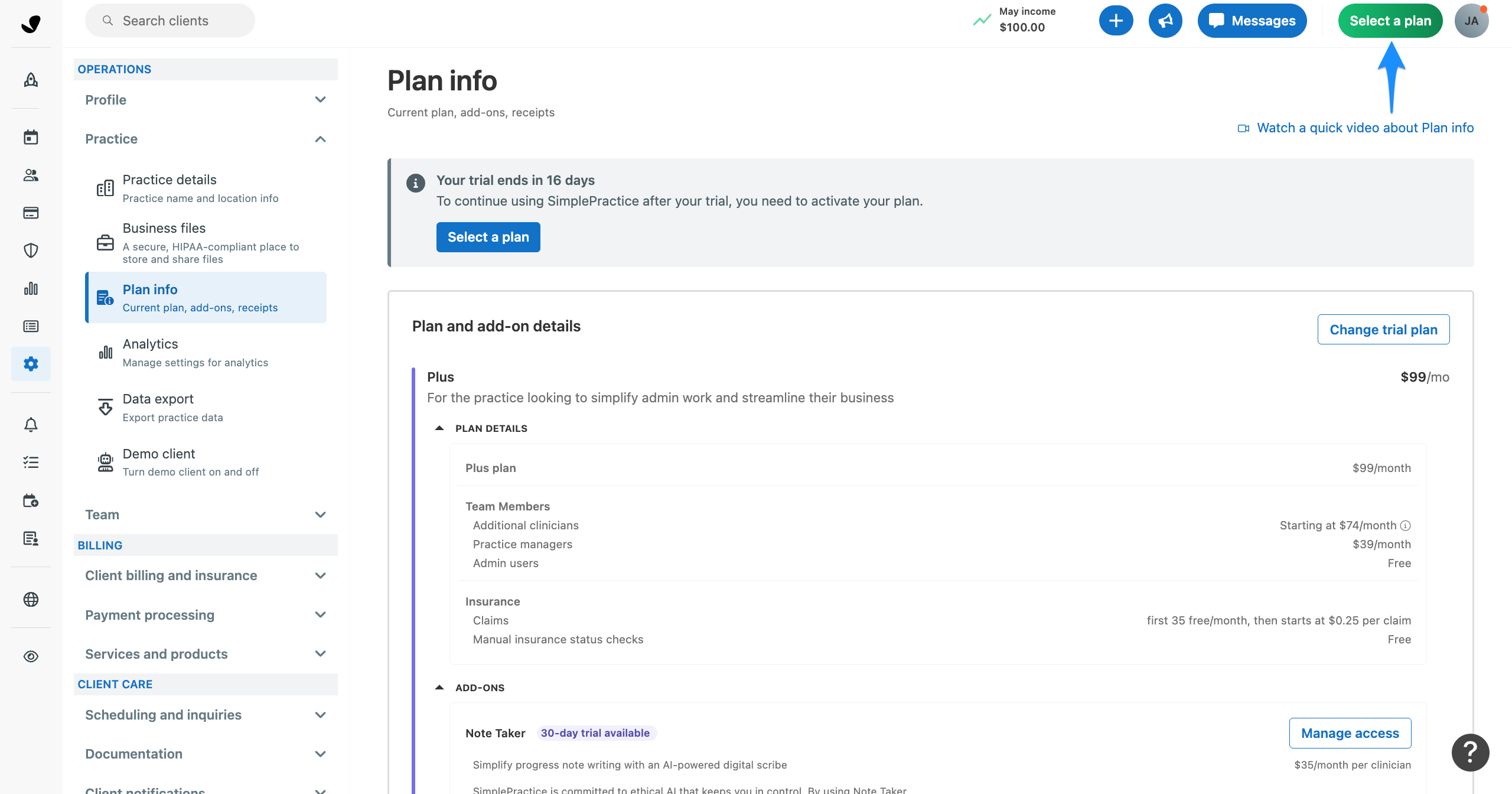 Plan info settings page with a blue arrow pointing to the Select a plan button in the top right.