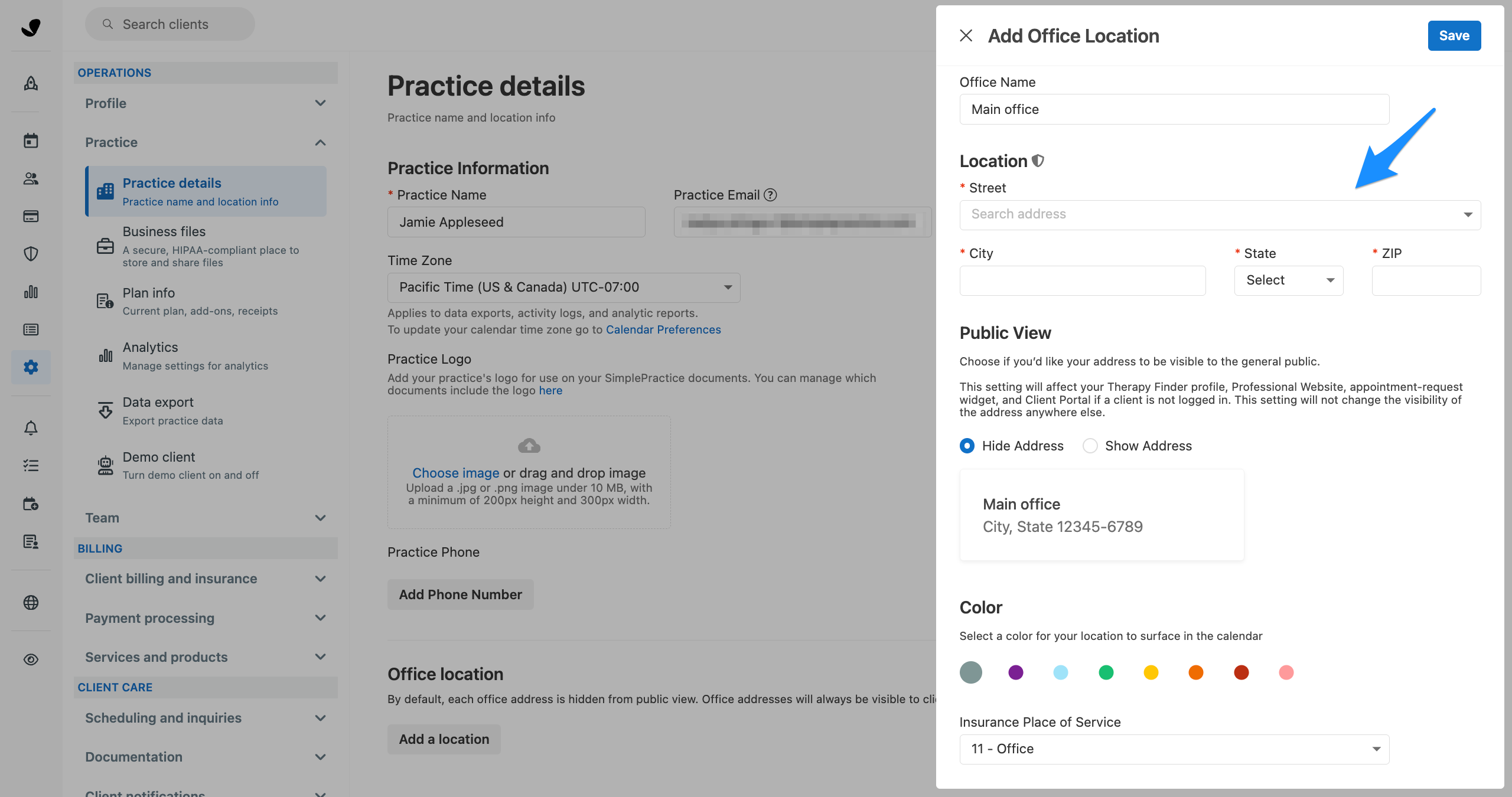 Add Office Location flyout with a blue arrow pointing to the Street address field under Location details.
