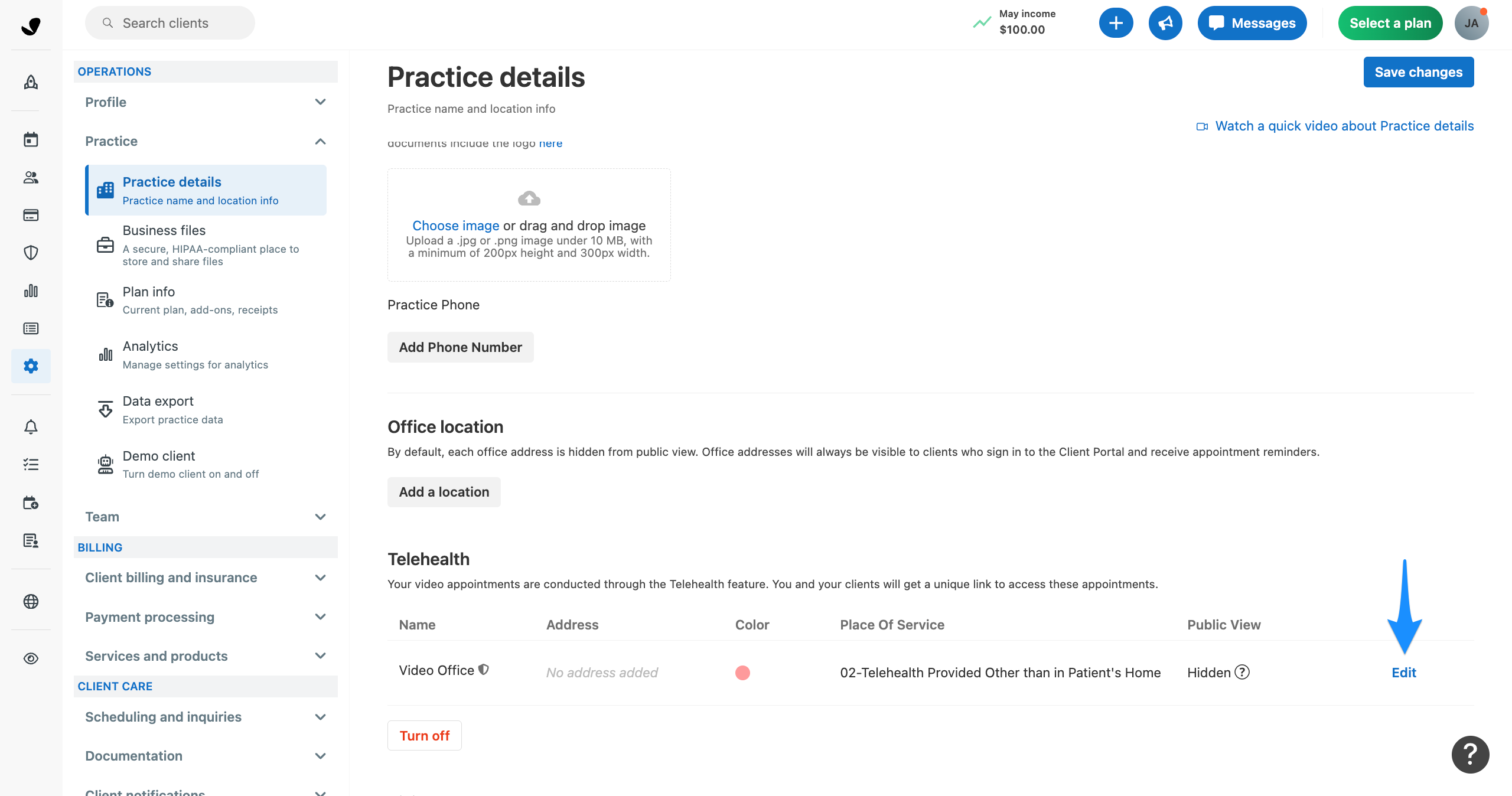 Clinical info settings page with a blue arrow pointing to the Edit link in the Clinician details section.