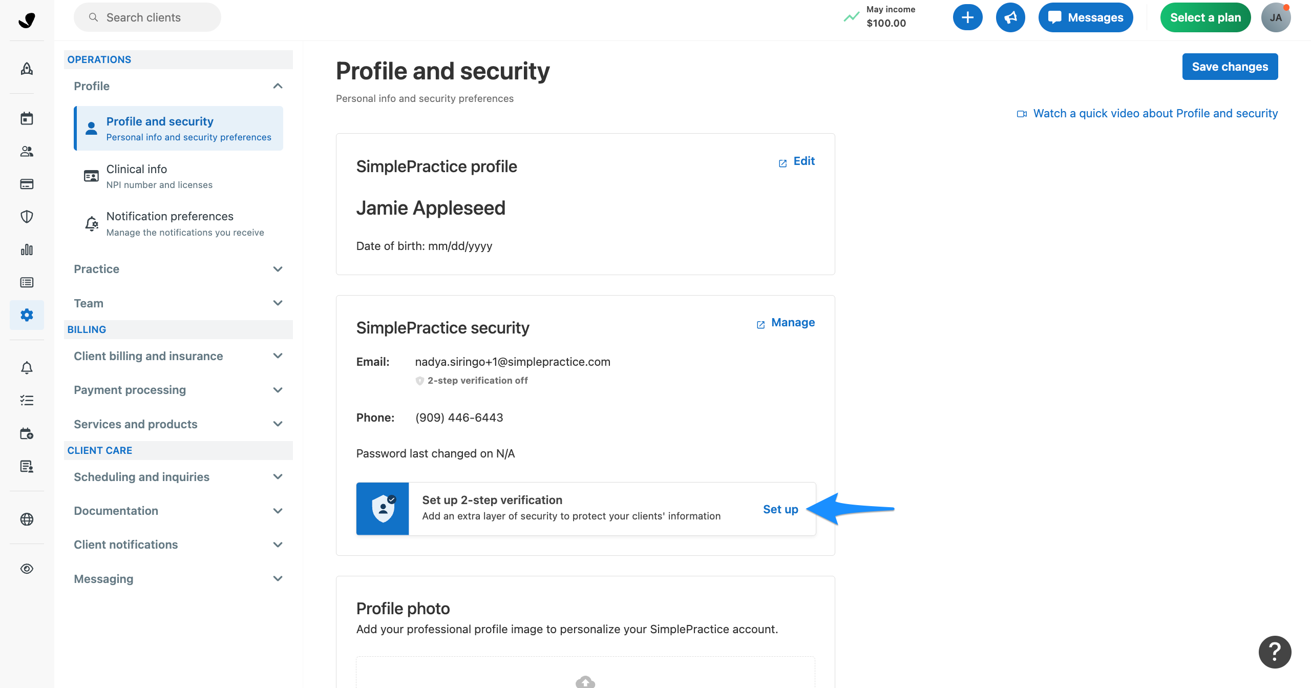 Profile and security settings page with a blue arrow pointing to the Set up link for 2-step verification.