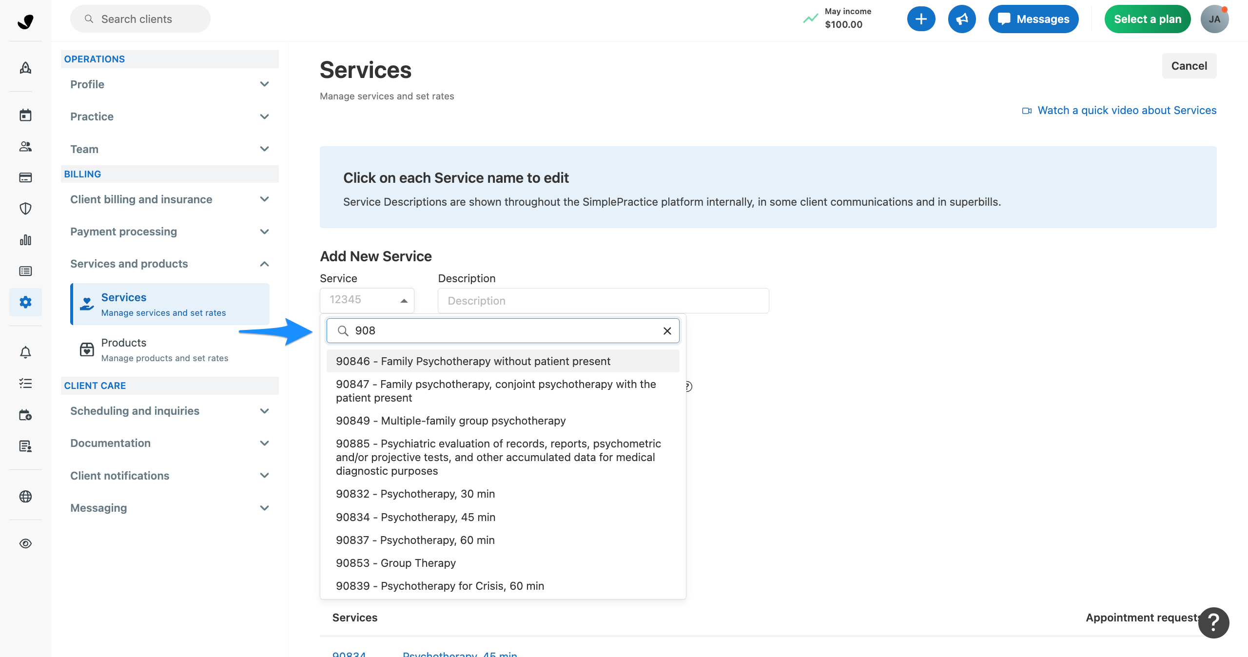 Services settings page with a blue arrow pointing to the service code search field in the Add New Service section.