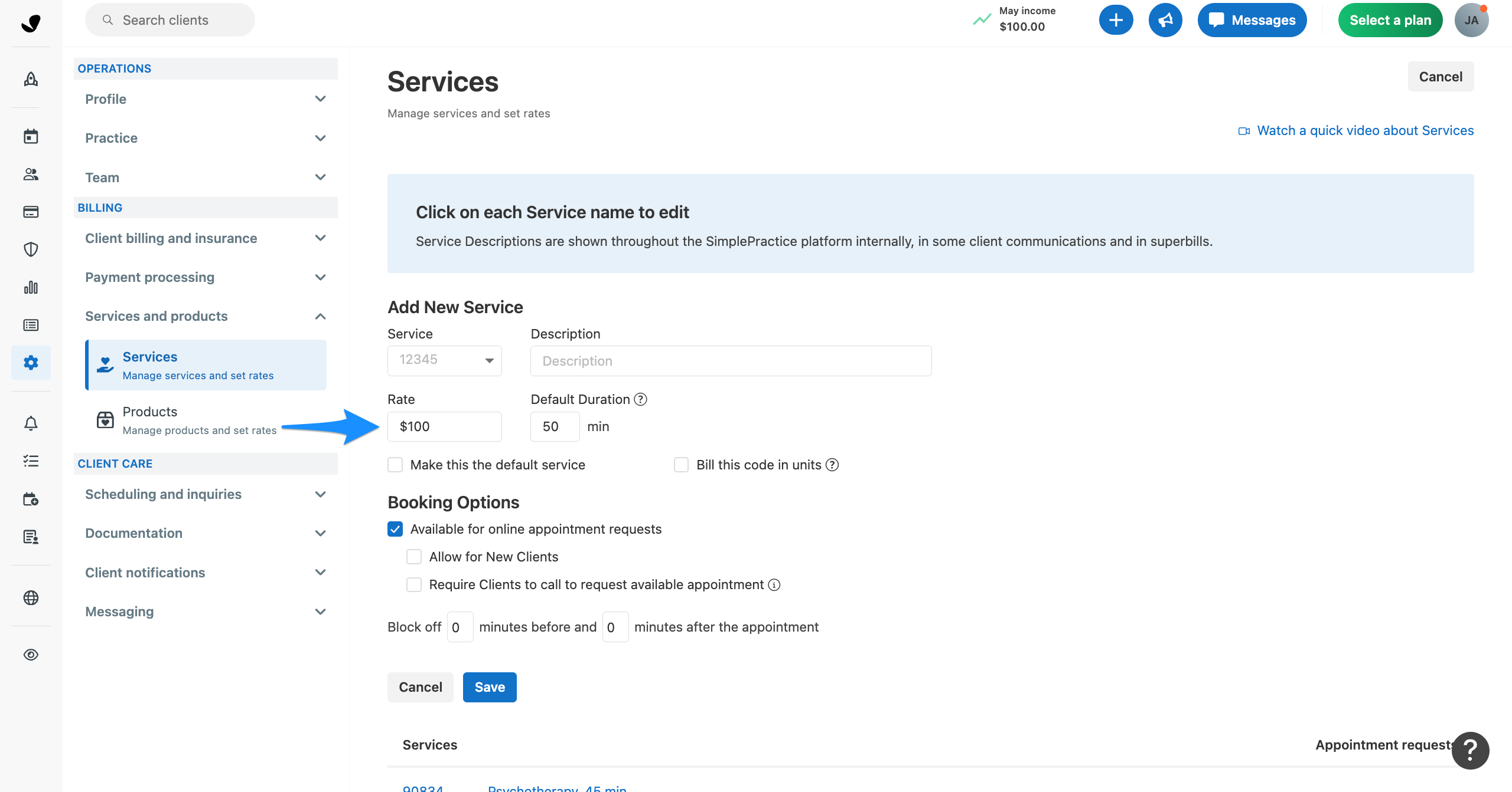 Services settings page with a blue arrow pointing to the Rate and Default Duration fields in the Add New Service section.