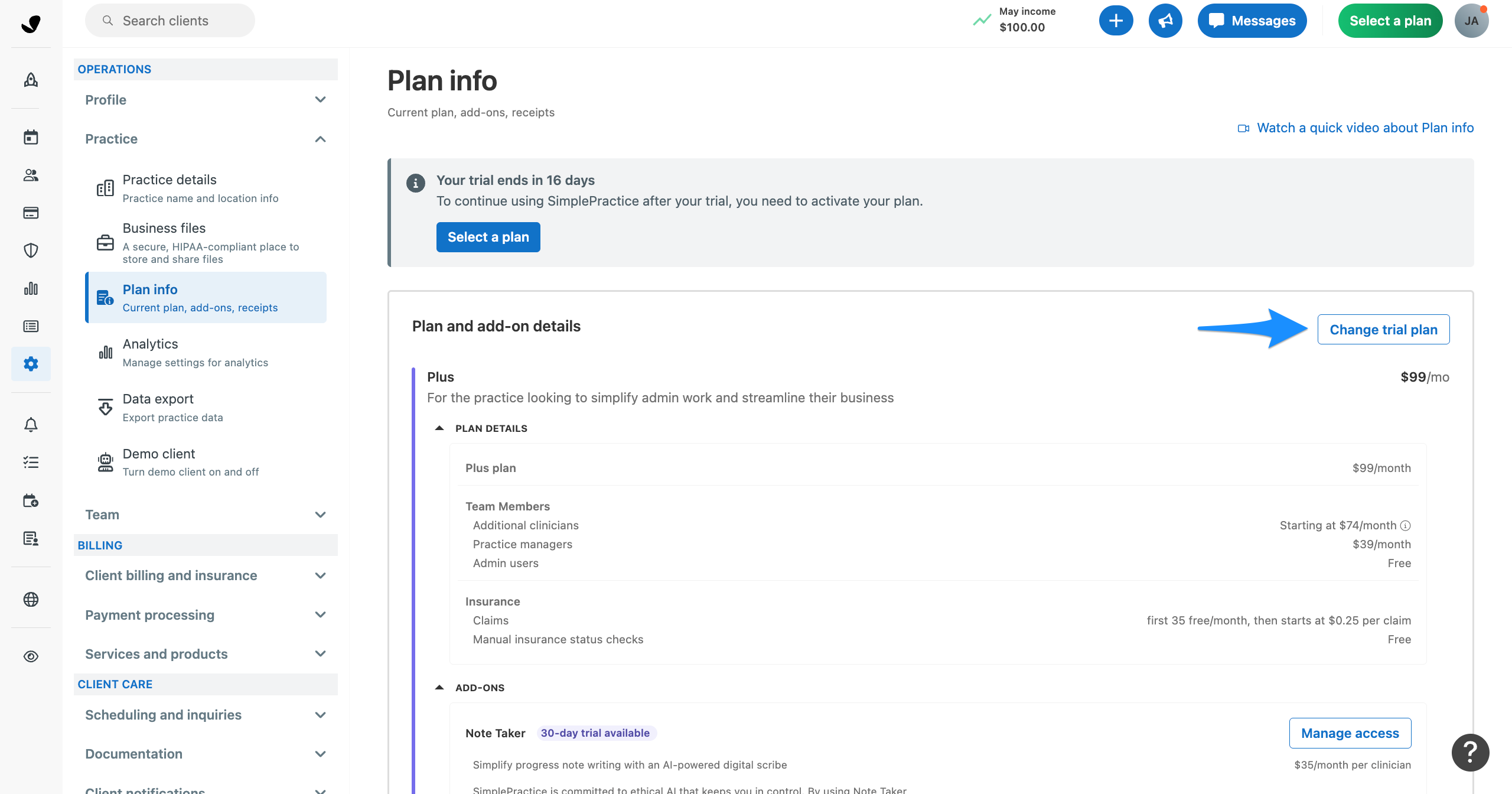 Plan info settings page with a blue arrow pointing to the Change trial plan button.