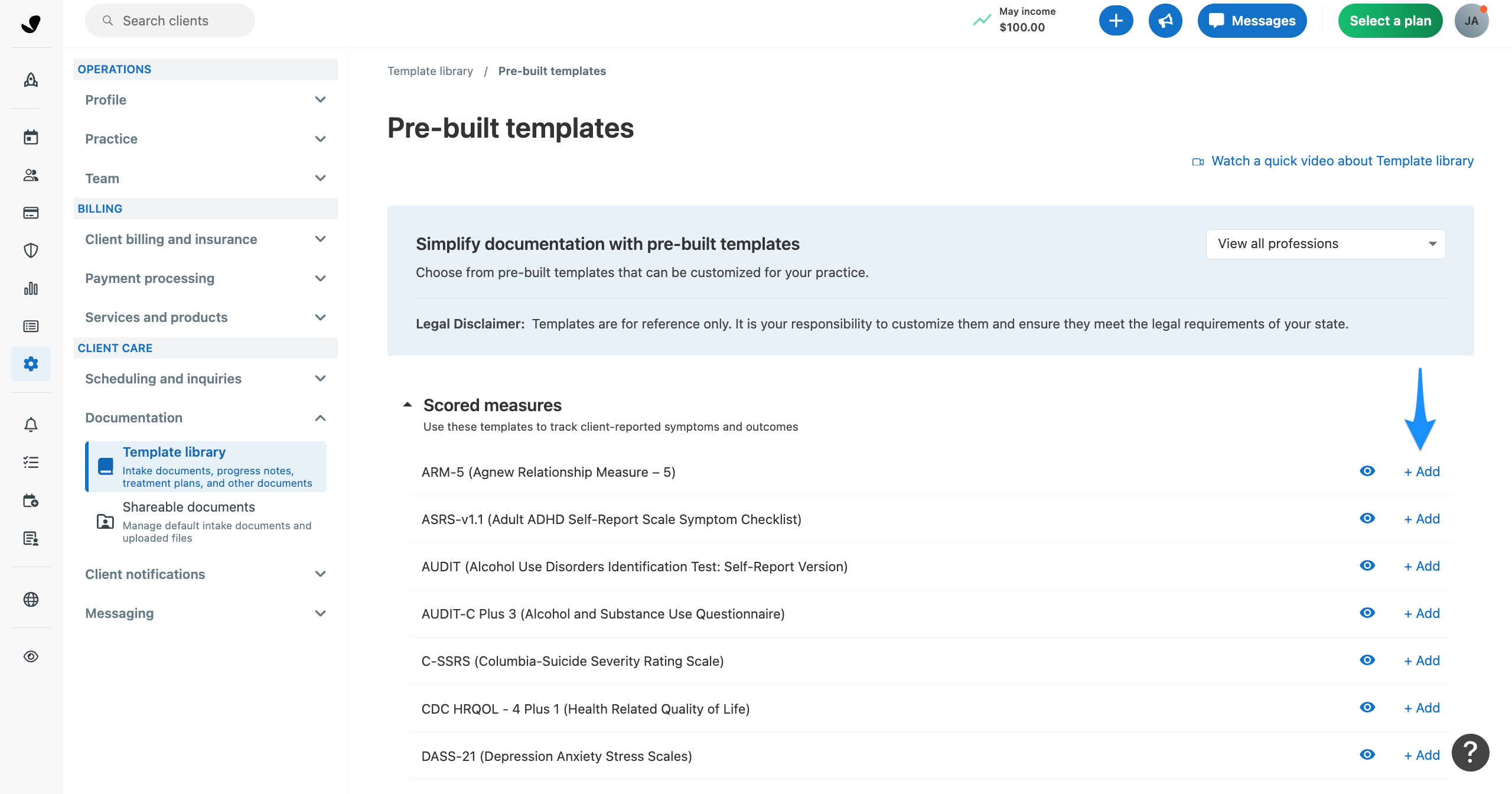 Pre-built templates page with a blue arrow pointing to the Add link for a template.