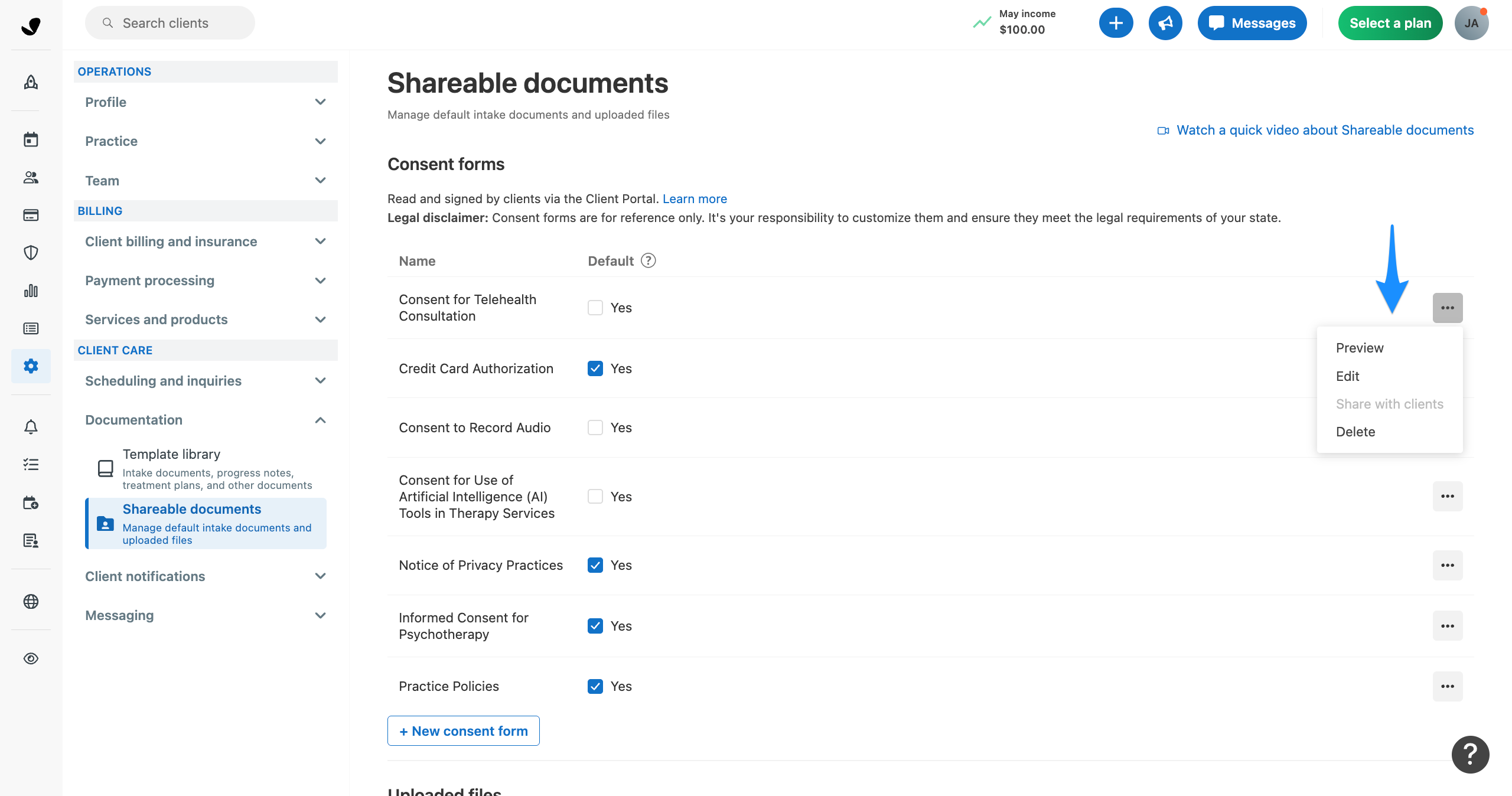 Shareable documents page with a blue arrow pointing to the Preview option in a document actions menu.