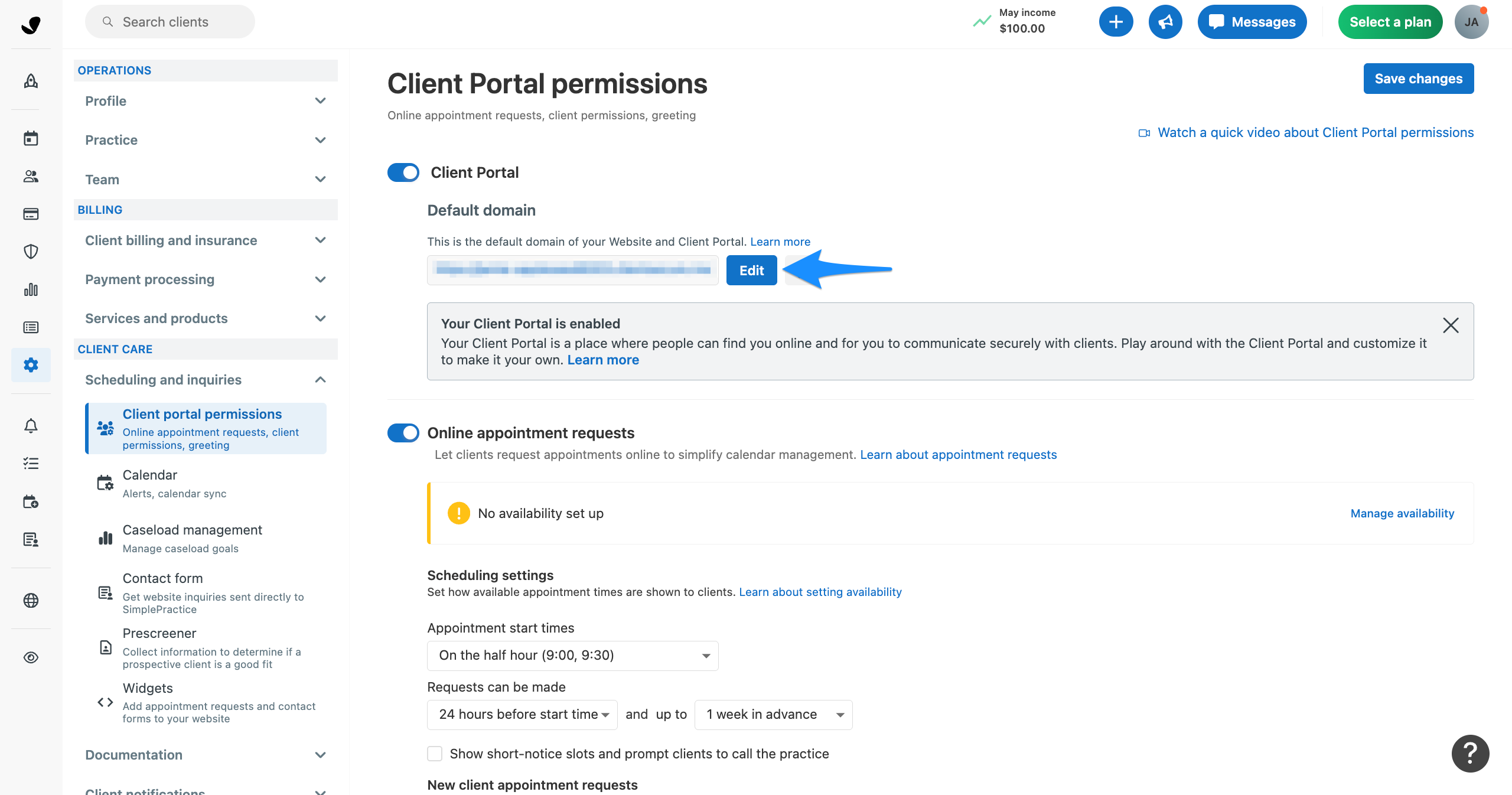 Client Portal permissions settings page with a blue arrow pointing to the Edit button for the Default domain URL.