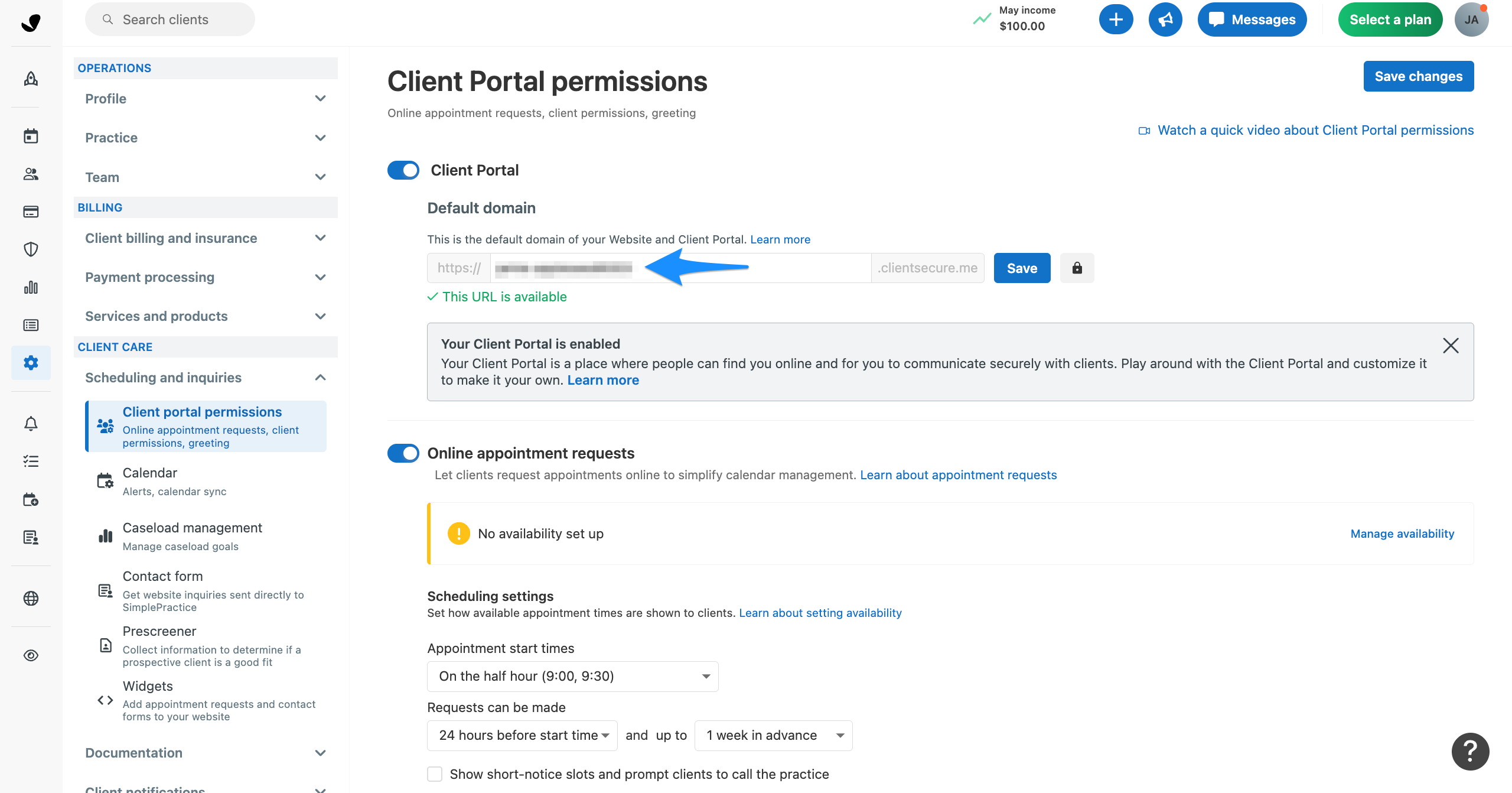 Client Portal permissions settings page with a blue arrow pointing to the Client Portal URL field under Default domain.
