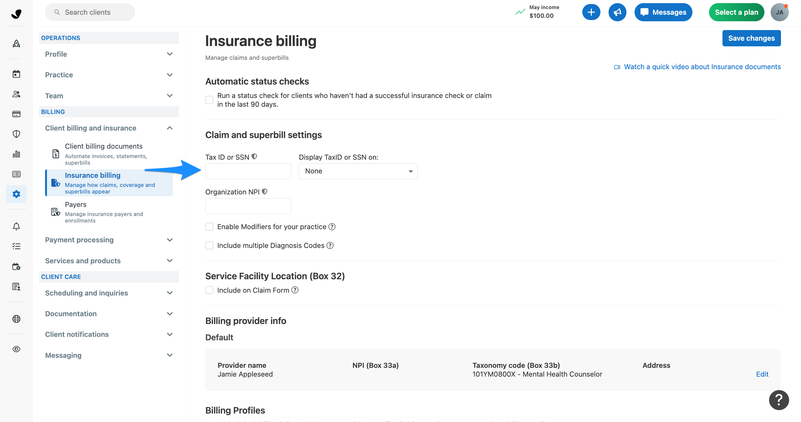 Insurance billing settings page with a blue arrow pointing to the Tax ID or SSN field in the Claim and superbill settings section.