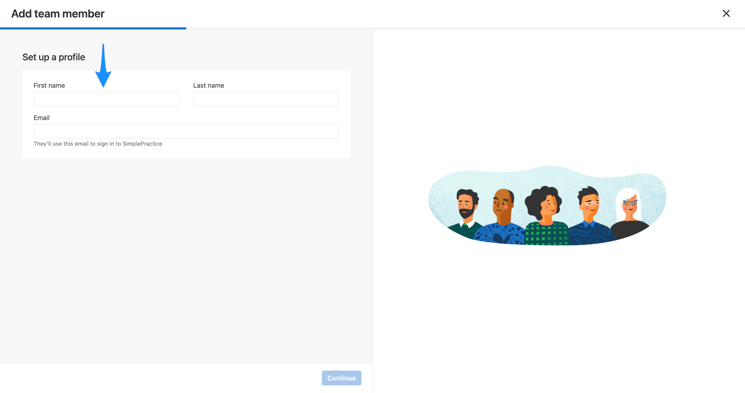 Add team member modal with a blue arrow pointing to the First name field in the Set up a profile step.